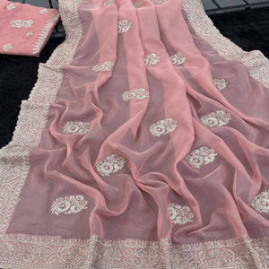 Pink Saree in Organza with Intricate Floral Embroidery