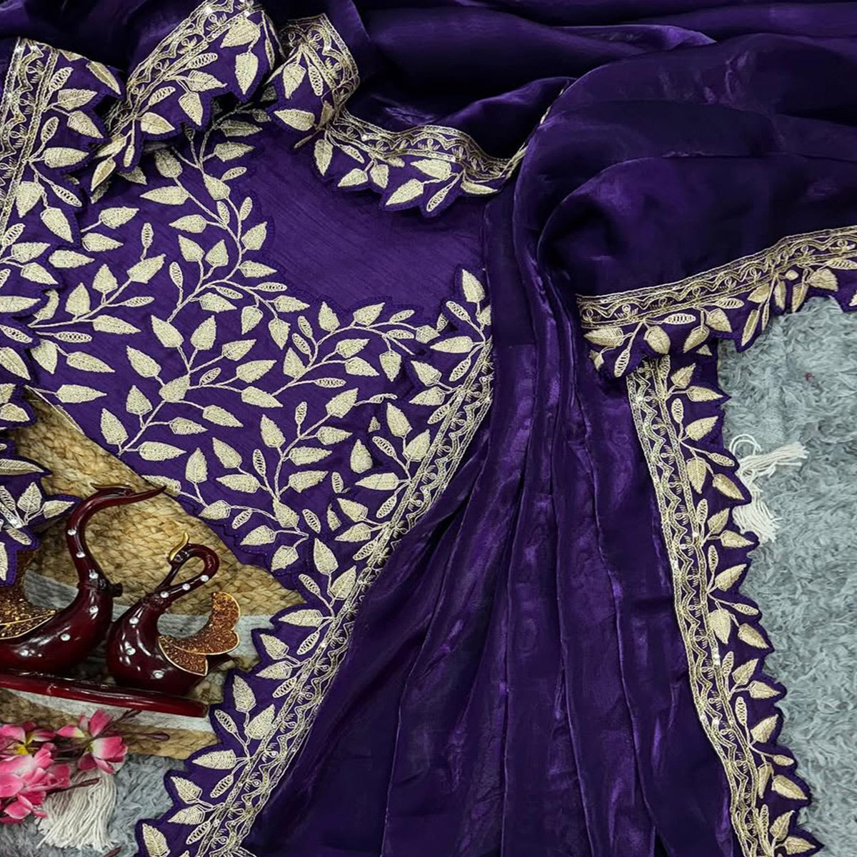Royal Purple Satin Saree Adorned With Gleaming Sequins Embroidery & Elegant Solid Finish