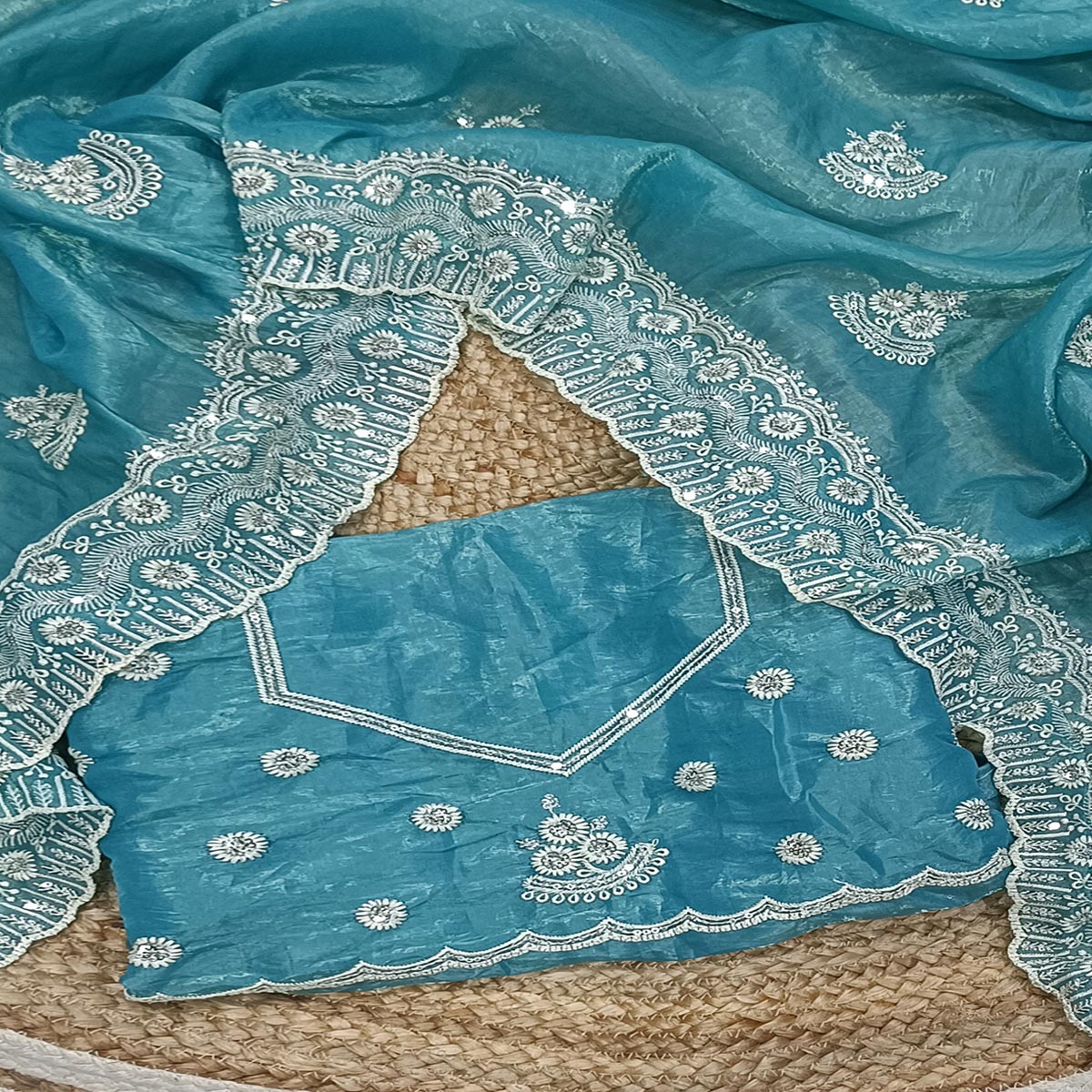 Blue Cotton Blend Saree With Intricate Floral Thread Embroidery & Sparkling Sequins