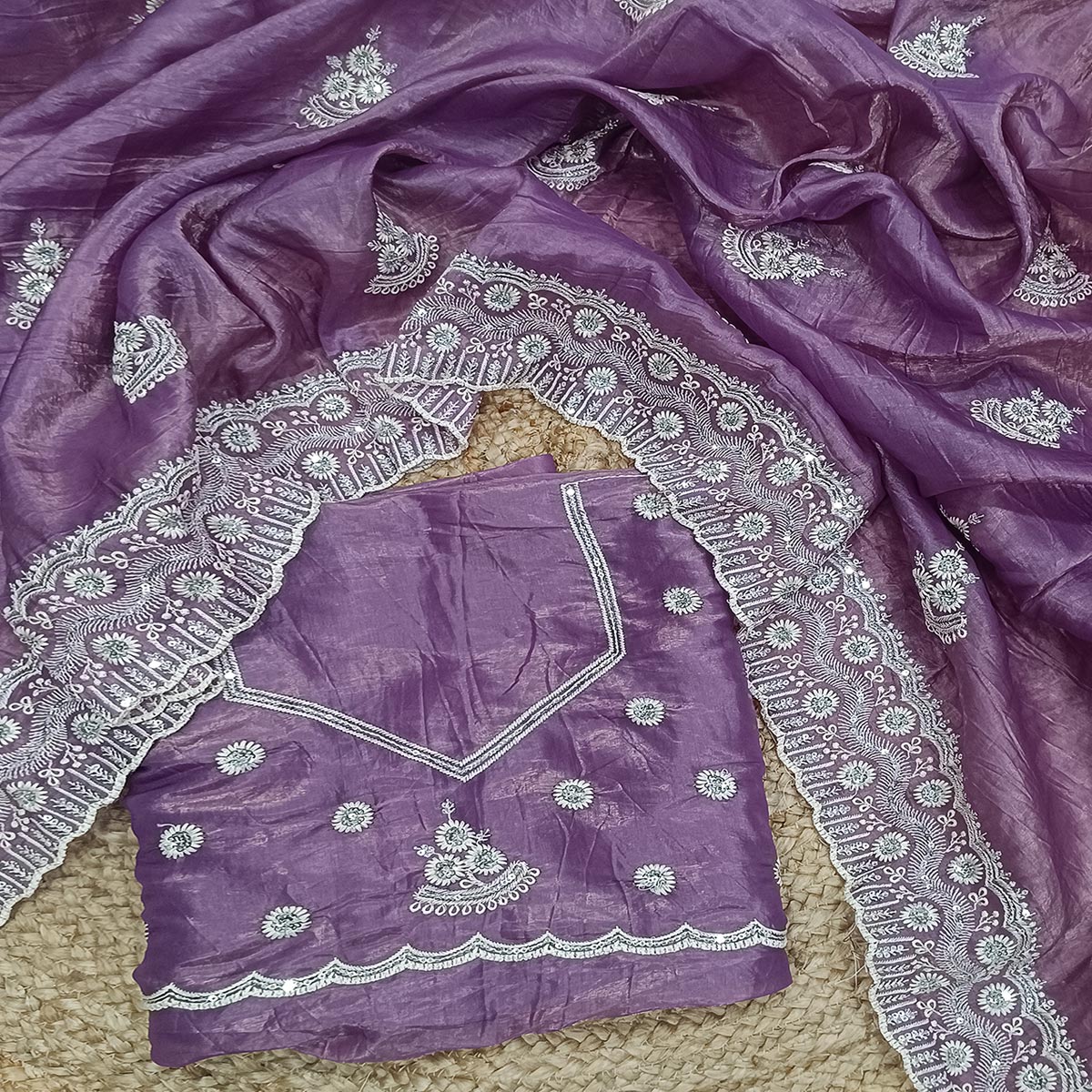 Lavender Cotton Blend Saree With Intricate Floral Thread Embroidery & Sparkling Sequins