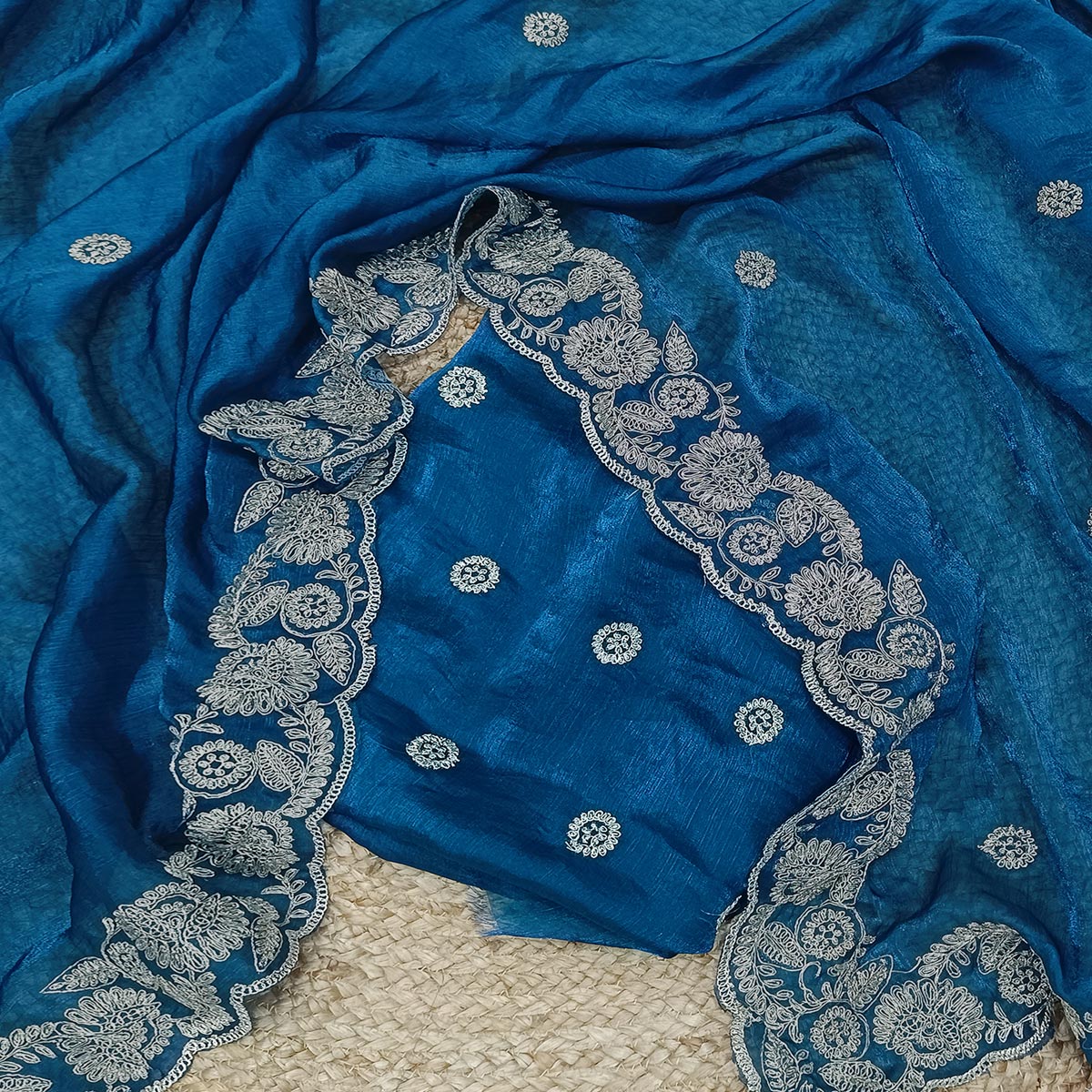 Morpich Blue Satin Silk Saree Accented With Intricate Floral Cording Embroidery