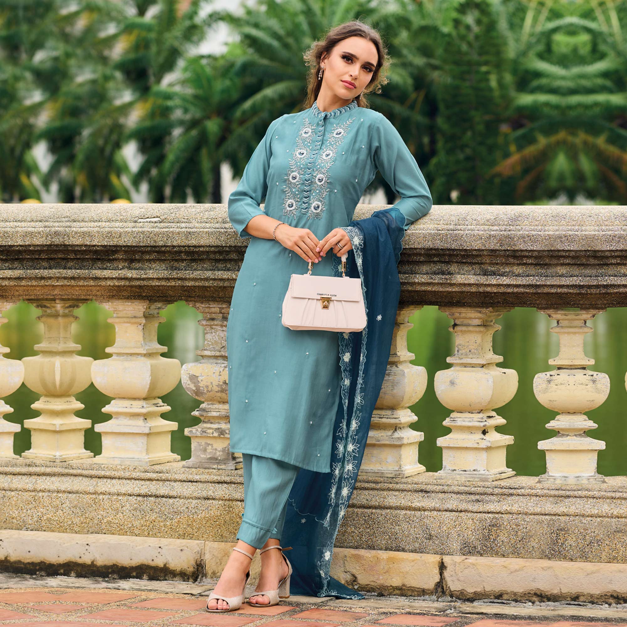 Blue Floral Embroidered Cotton Silk Suit