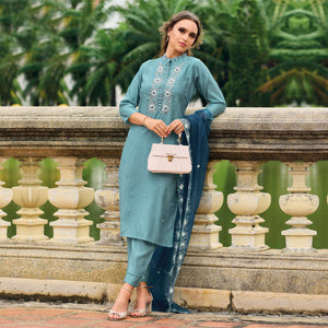 Blue Floral Embroidered Cotton Silk Suit