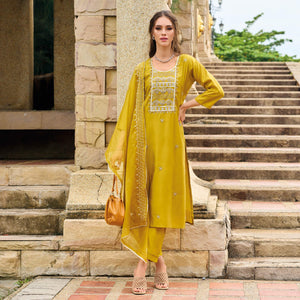 Mustard Floral Embroidered Cotton Silk Suit
