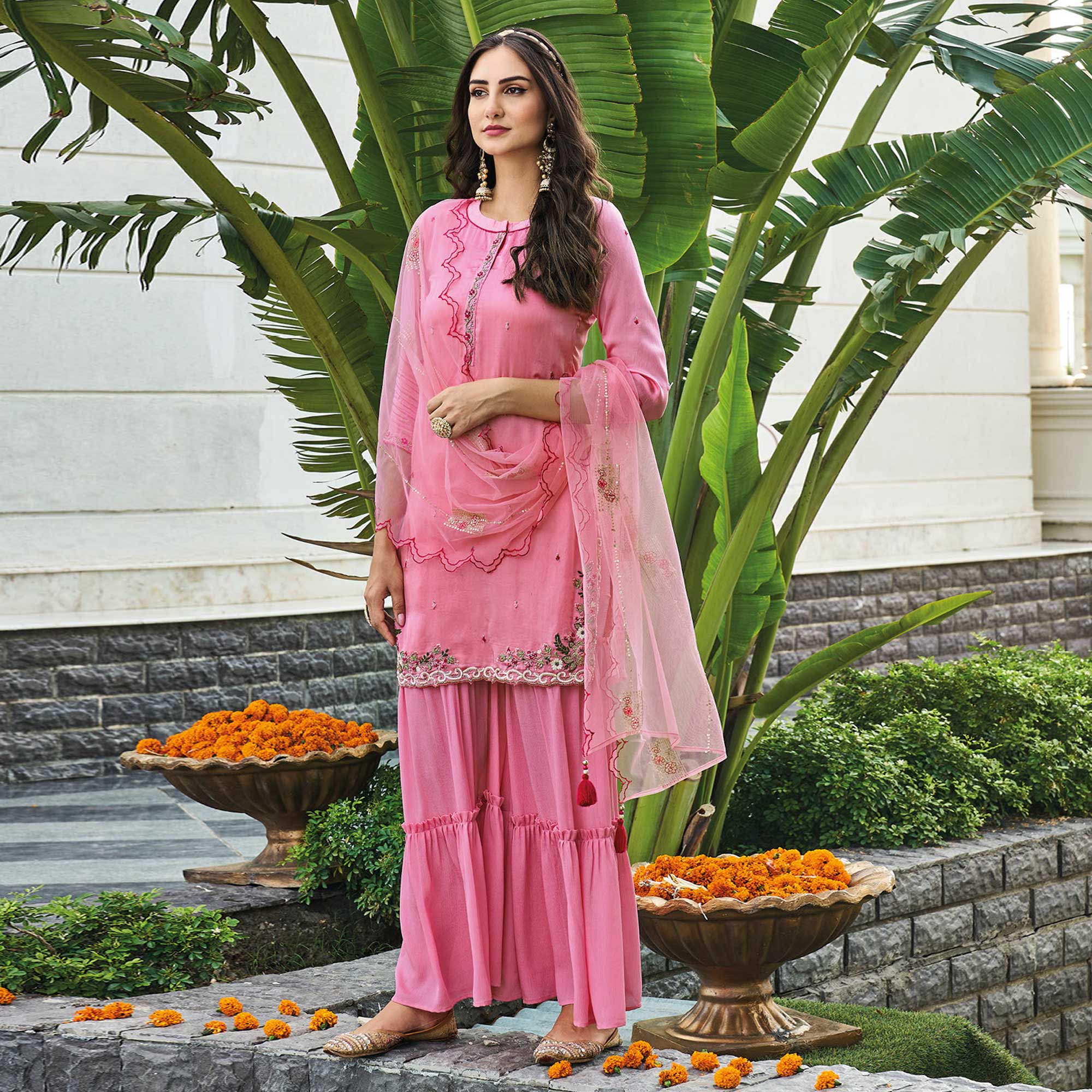Pink Embroidered Chinon Sharara Suit