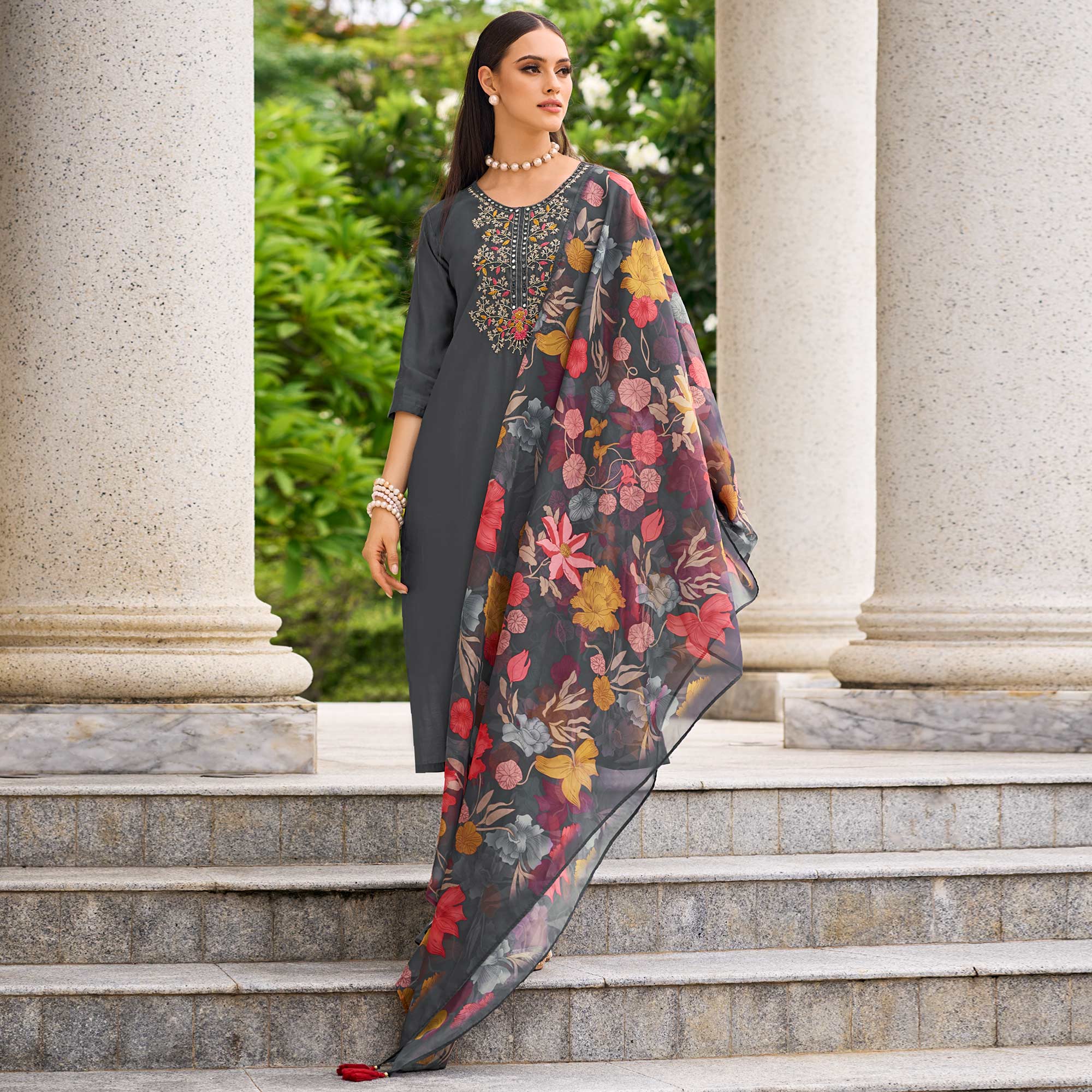 Grey Floral Embroidered Chanderi Silk Suit
