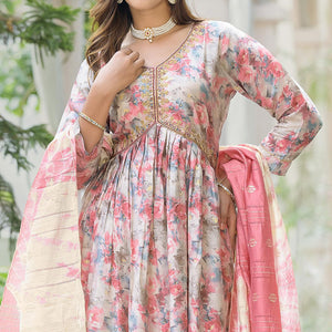 Cream Floral Printed Modal Anarkali Salwar Suit