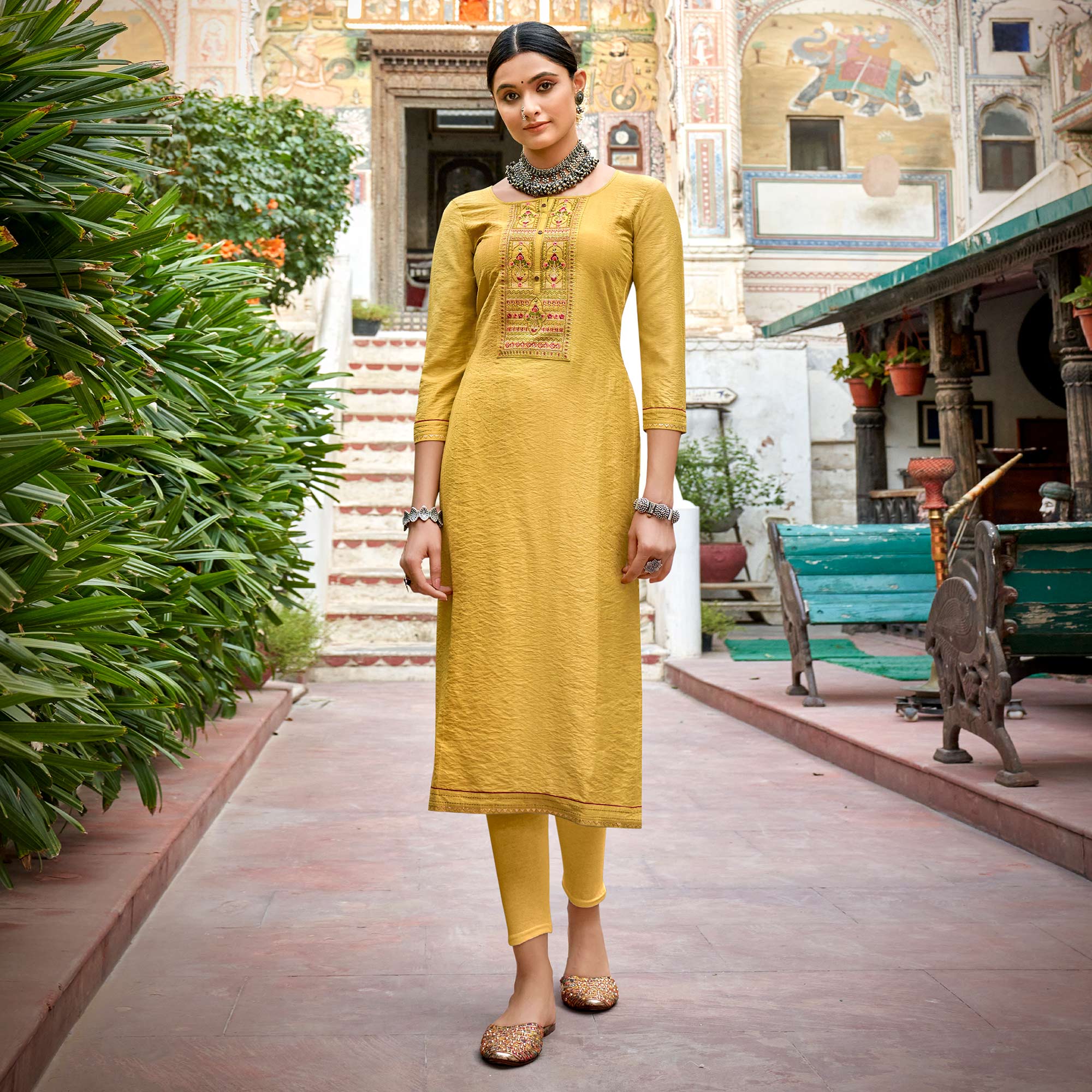 Yellow Embroidered Viscose Kurti