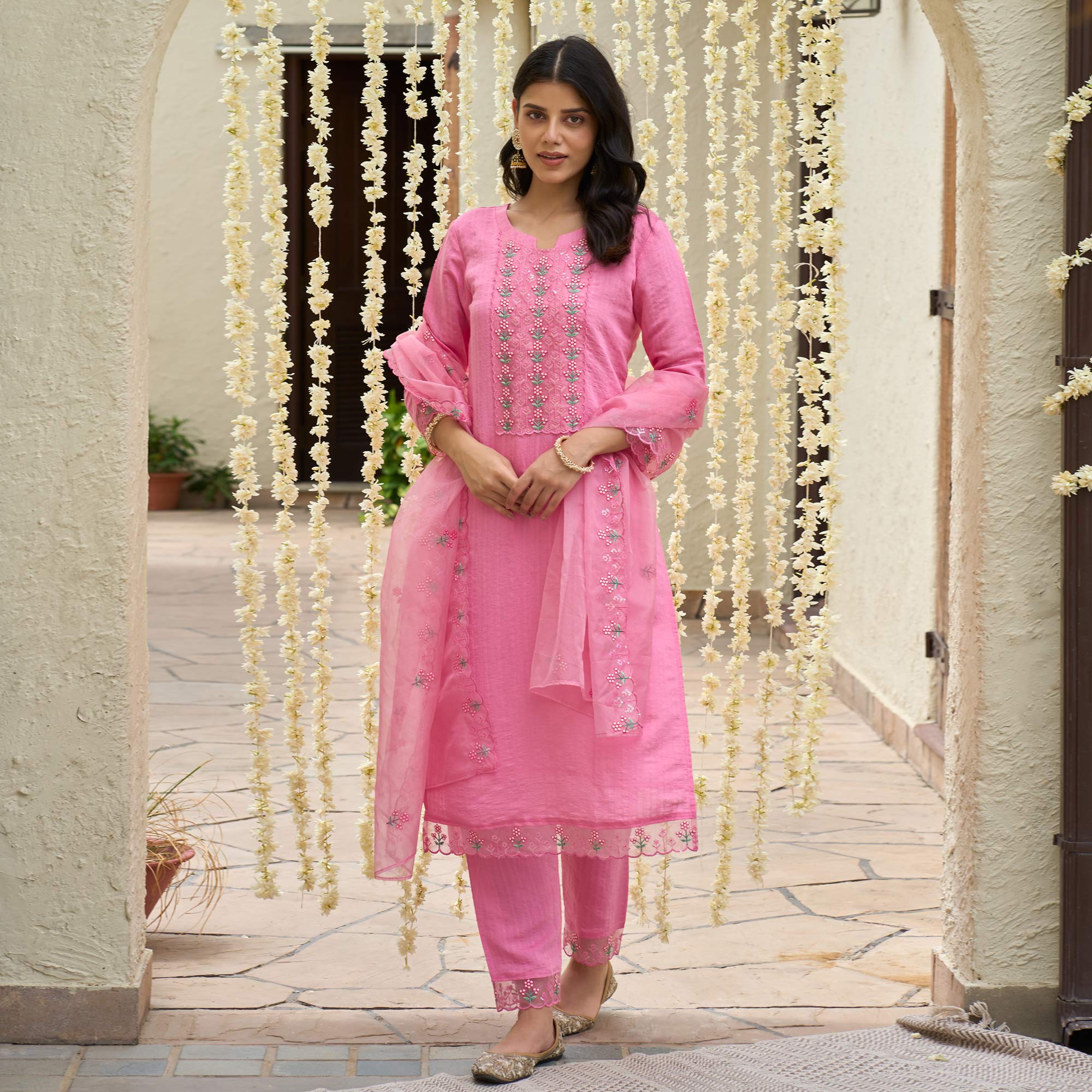 Pink Floral Embroidered Rayon Salwar Suit