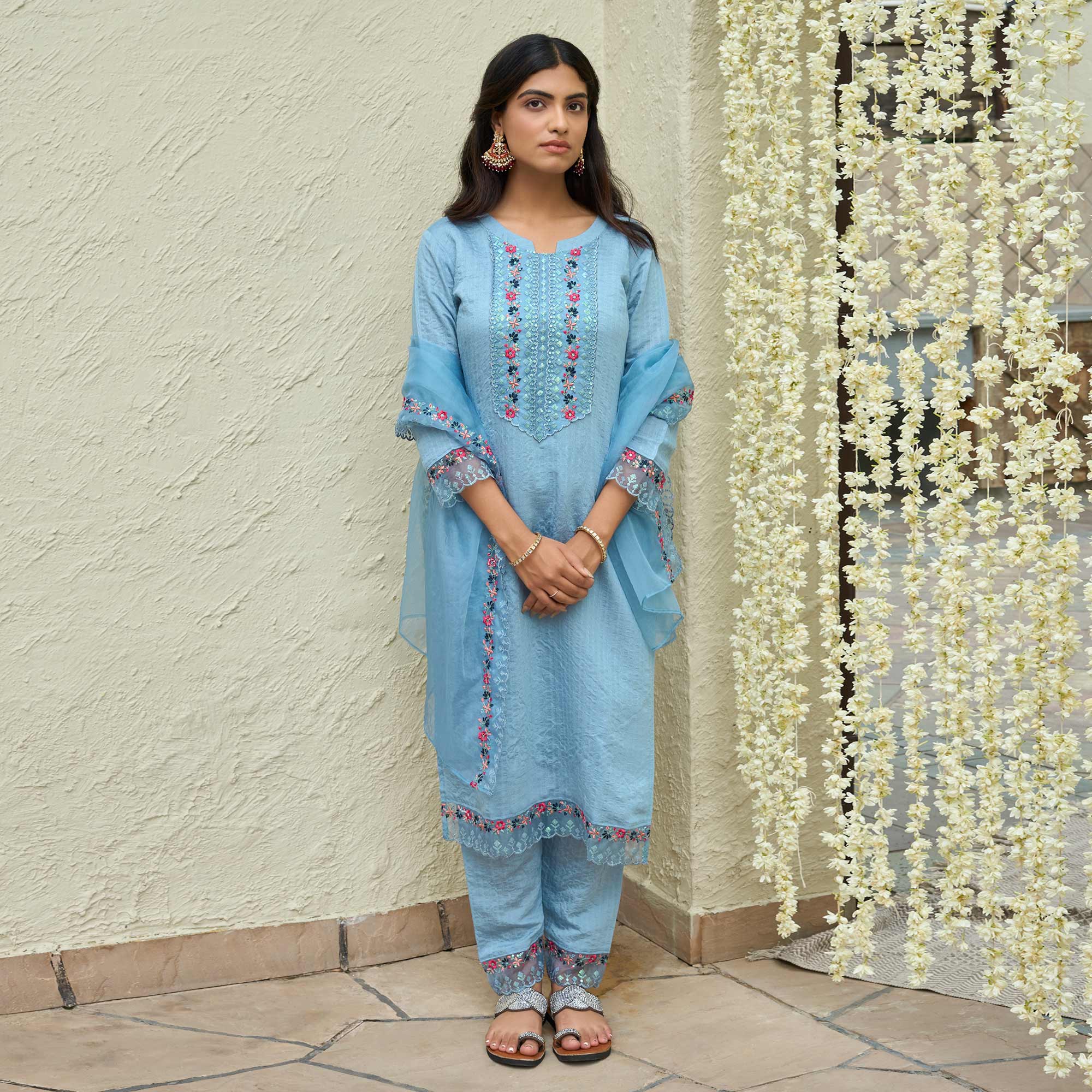 Blue Floral Embroidered Rayon Salwar Suit