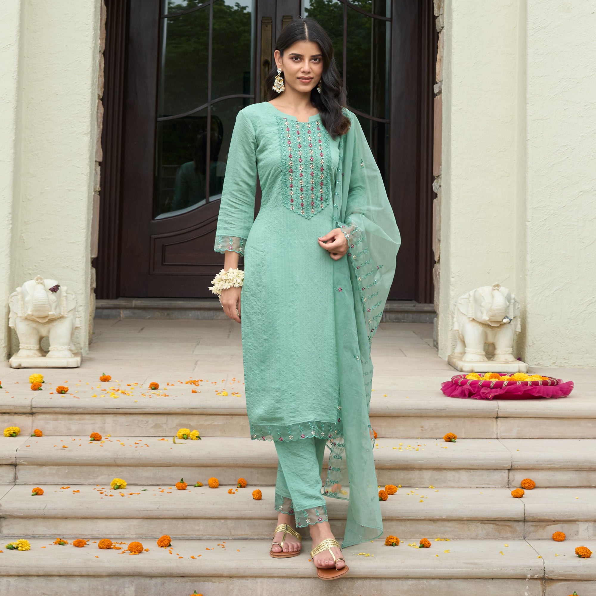 Turquoise Floral Embroidered Rayon Salwar Suit