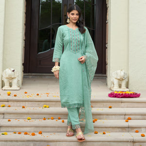Turquoise Floral Embroidered Rayon Salwar Suit