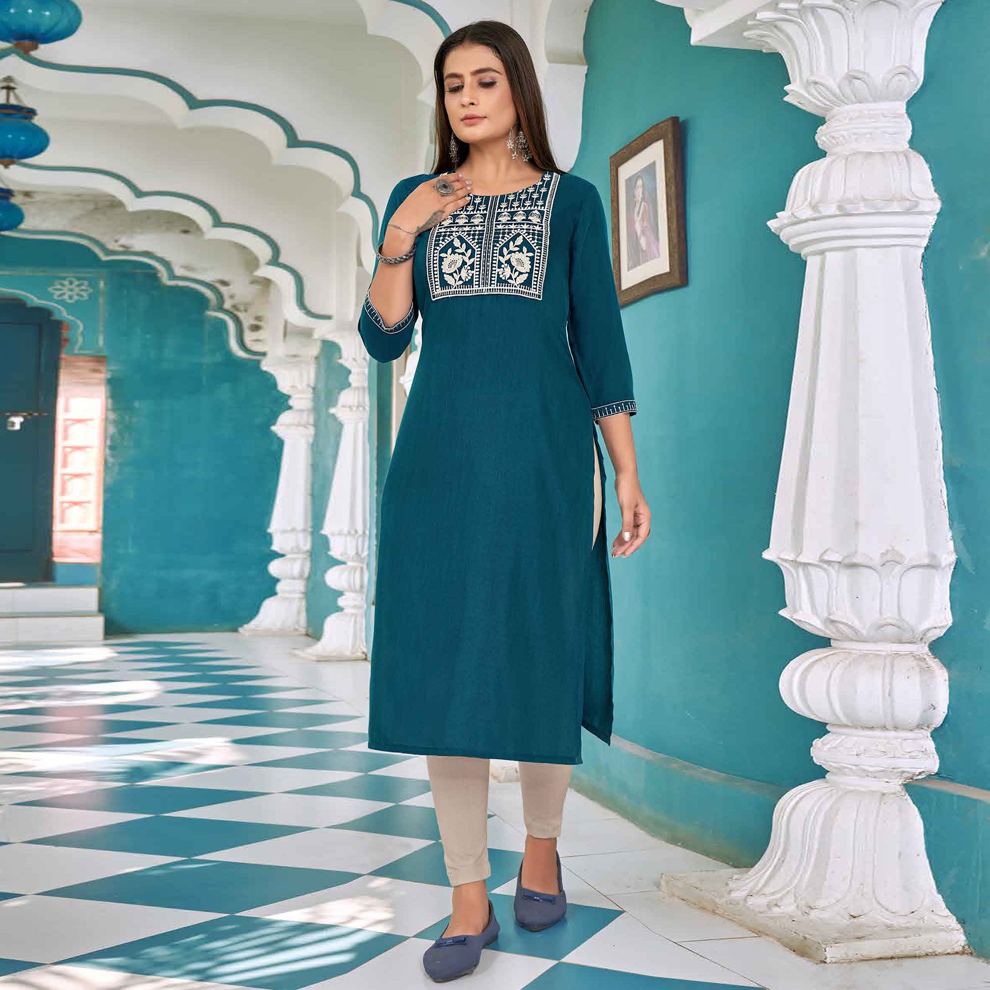 Blue Floral Embroidered Rayon Kurti