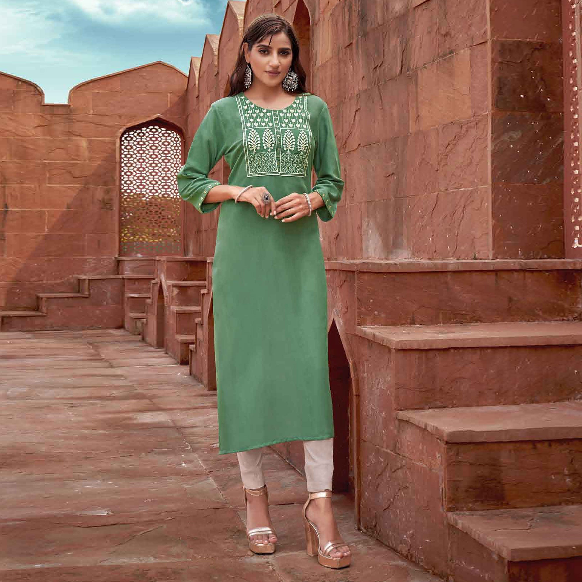 Green Floral Embroidered Rayon Kurti
