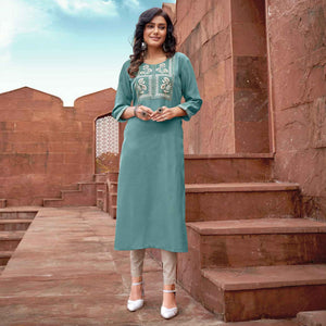 Blue Floral Embroidered Rayon Kurti