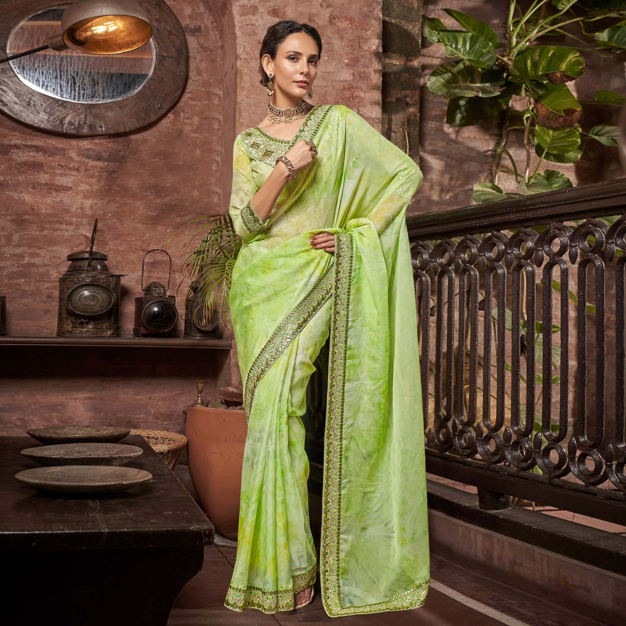 Green Abstract Printed With Embroidered Organza Saree