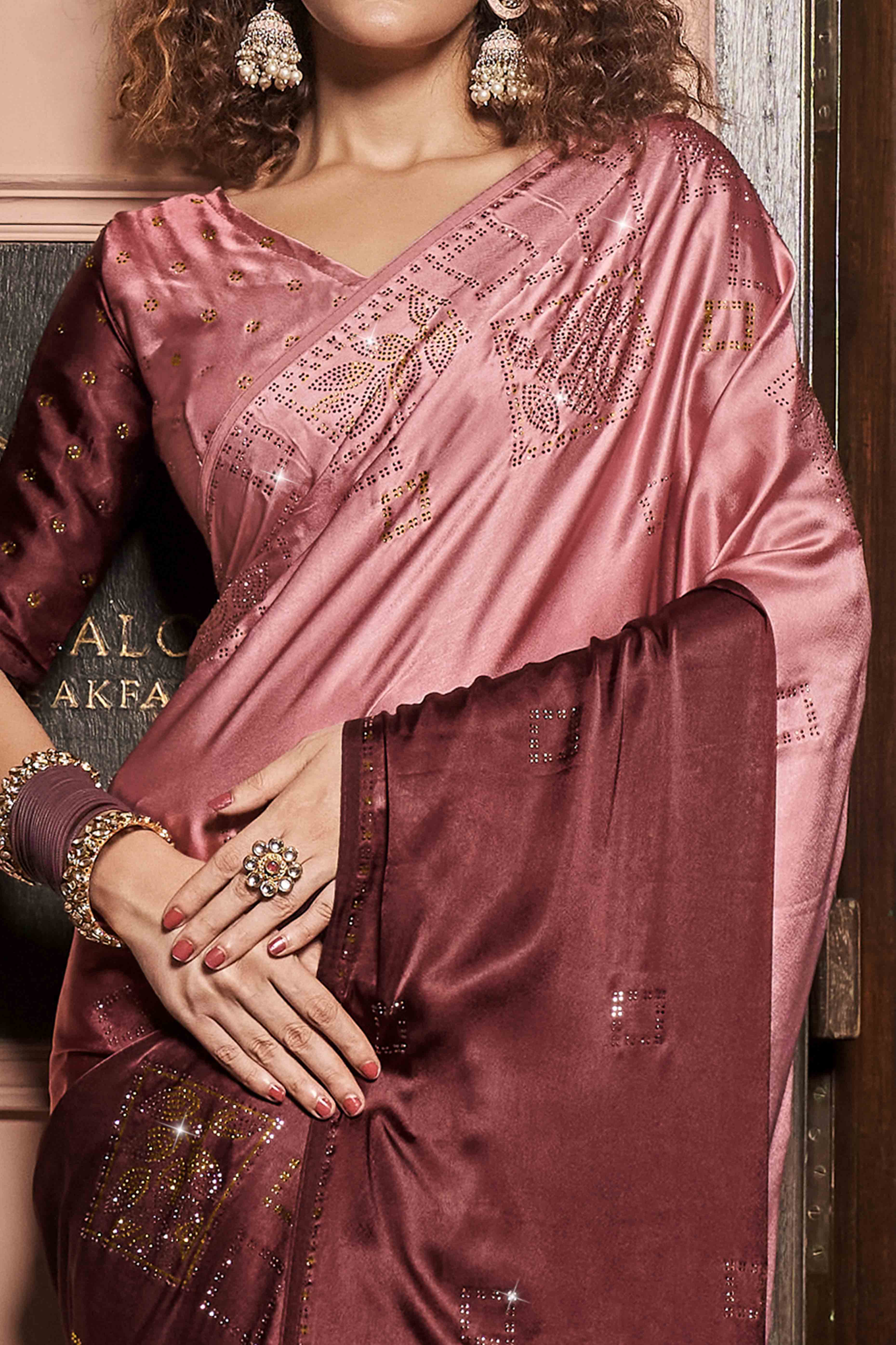 Peach Swarovski Work Embroidered Ombre Satin Saree