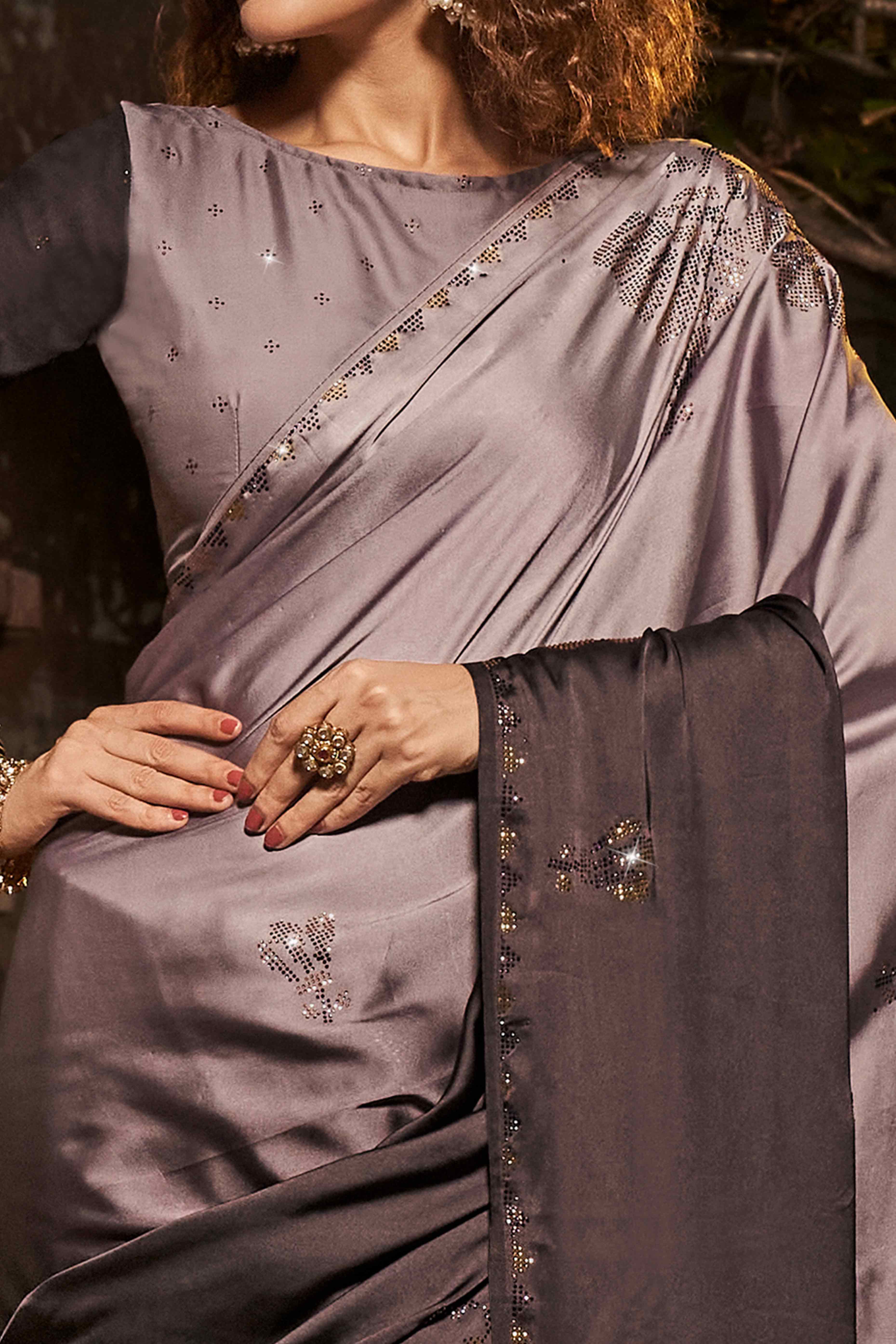 Woody Brown Swarovski Work Embroidered Ombre Satin Saree