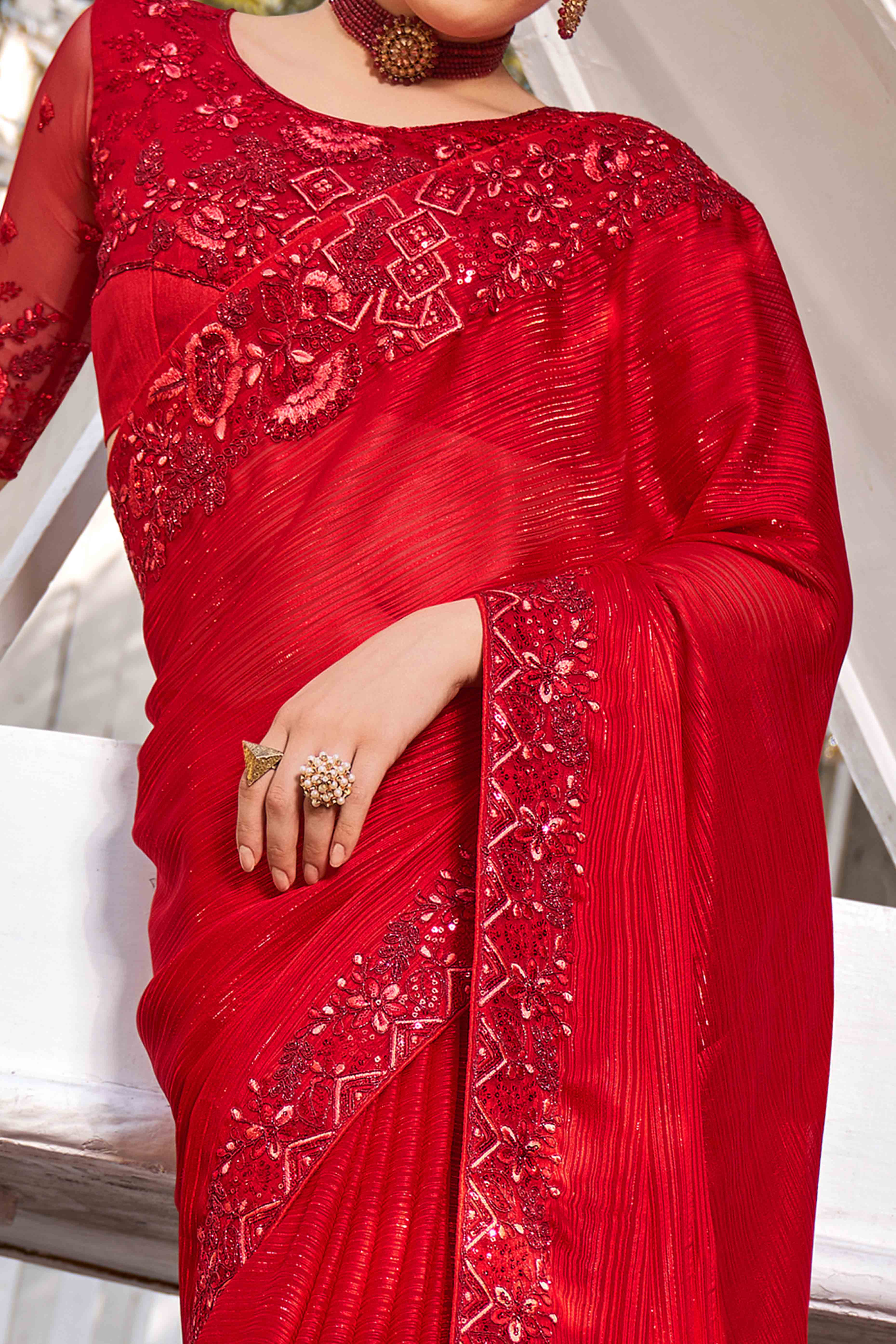 Red Sequins With Floral Embroidered Georgette Saree