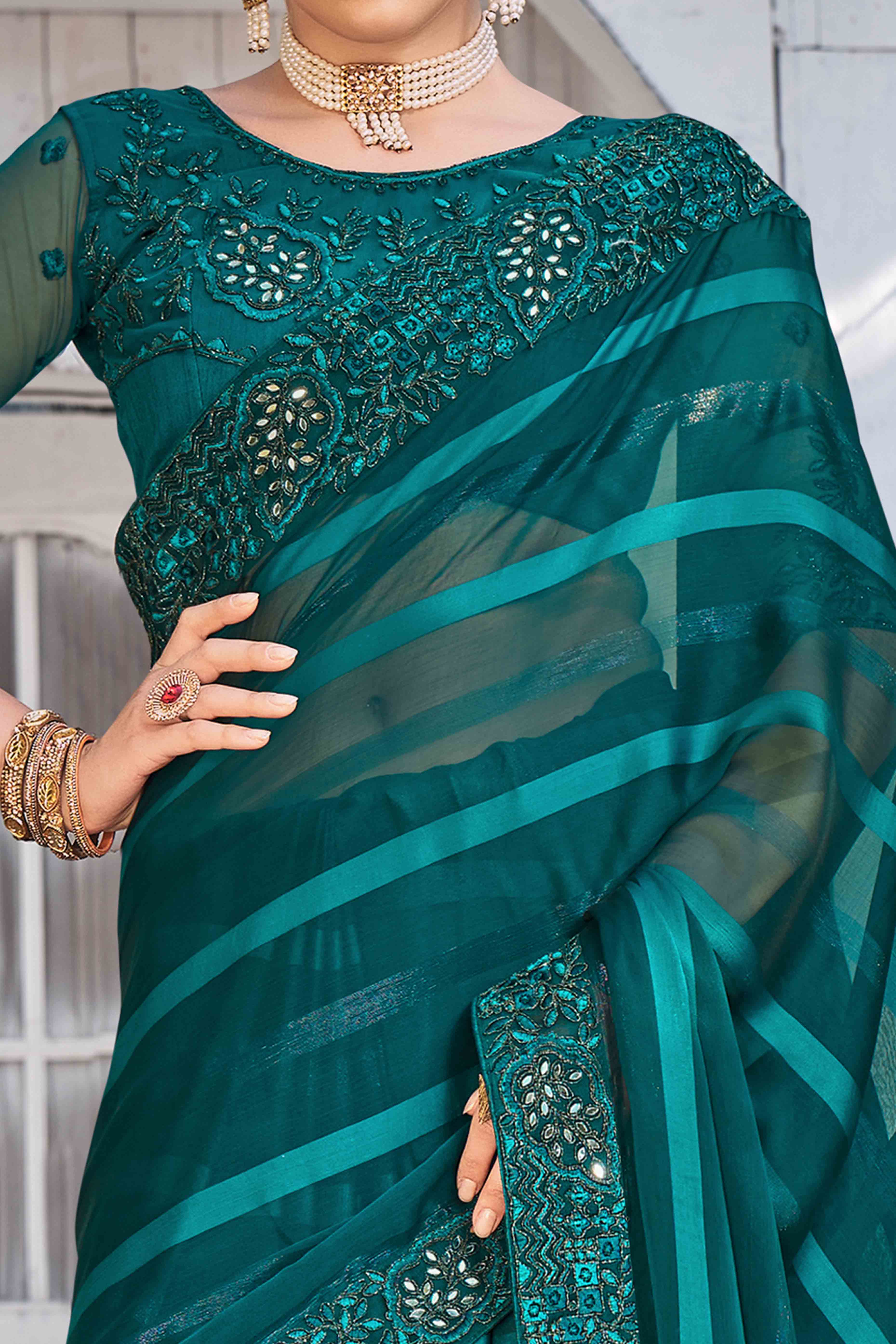 Teal Sequins With Floral Embroidered Georgette Saree