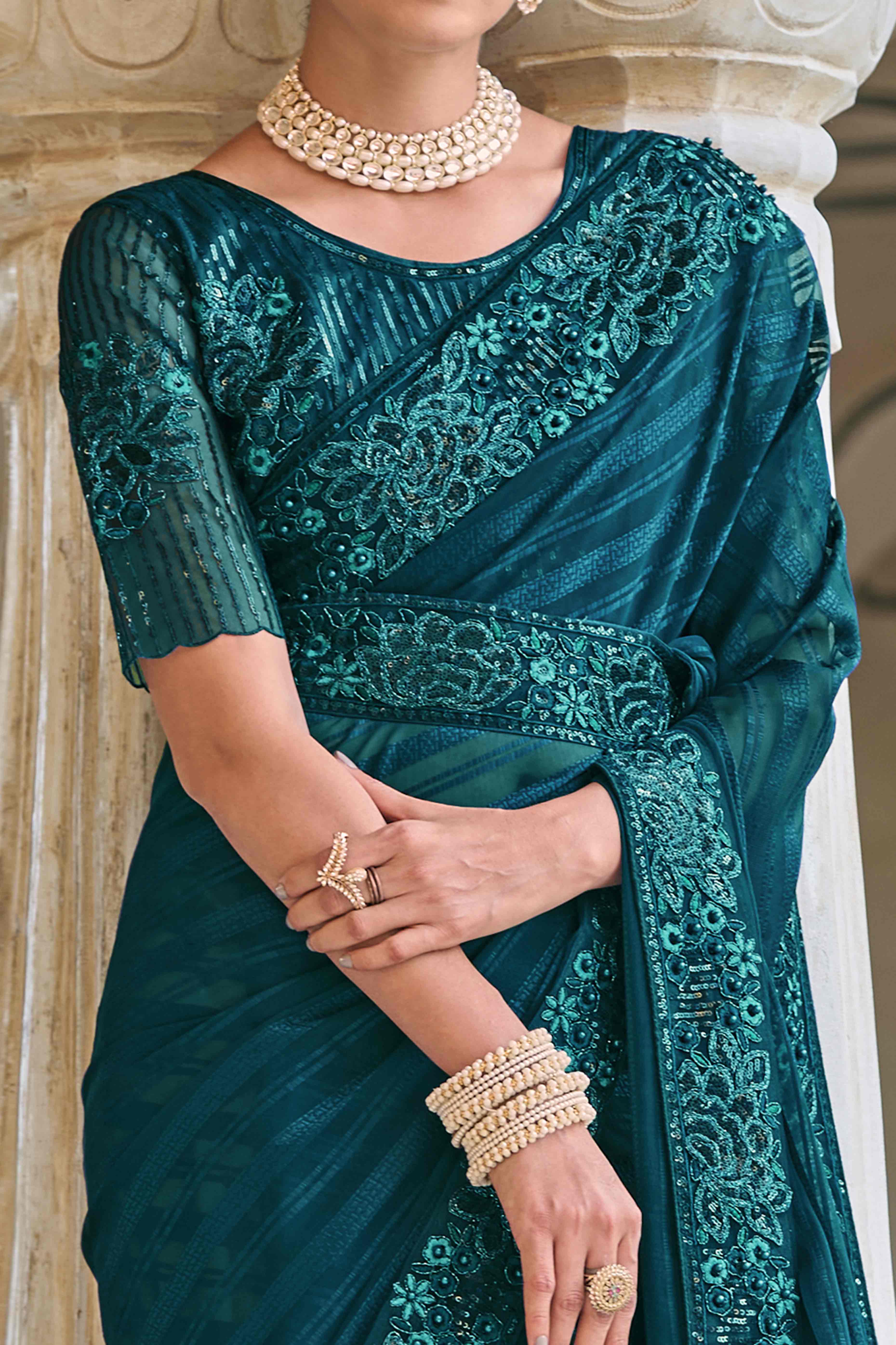 Morpich Green Sequins Embroidered Georgette Saree