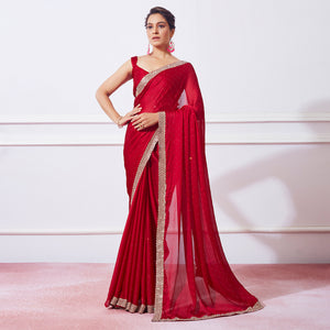 Red Embroidered Swaroski Work Satin Saree