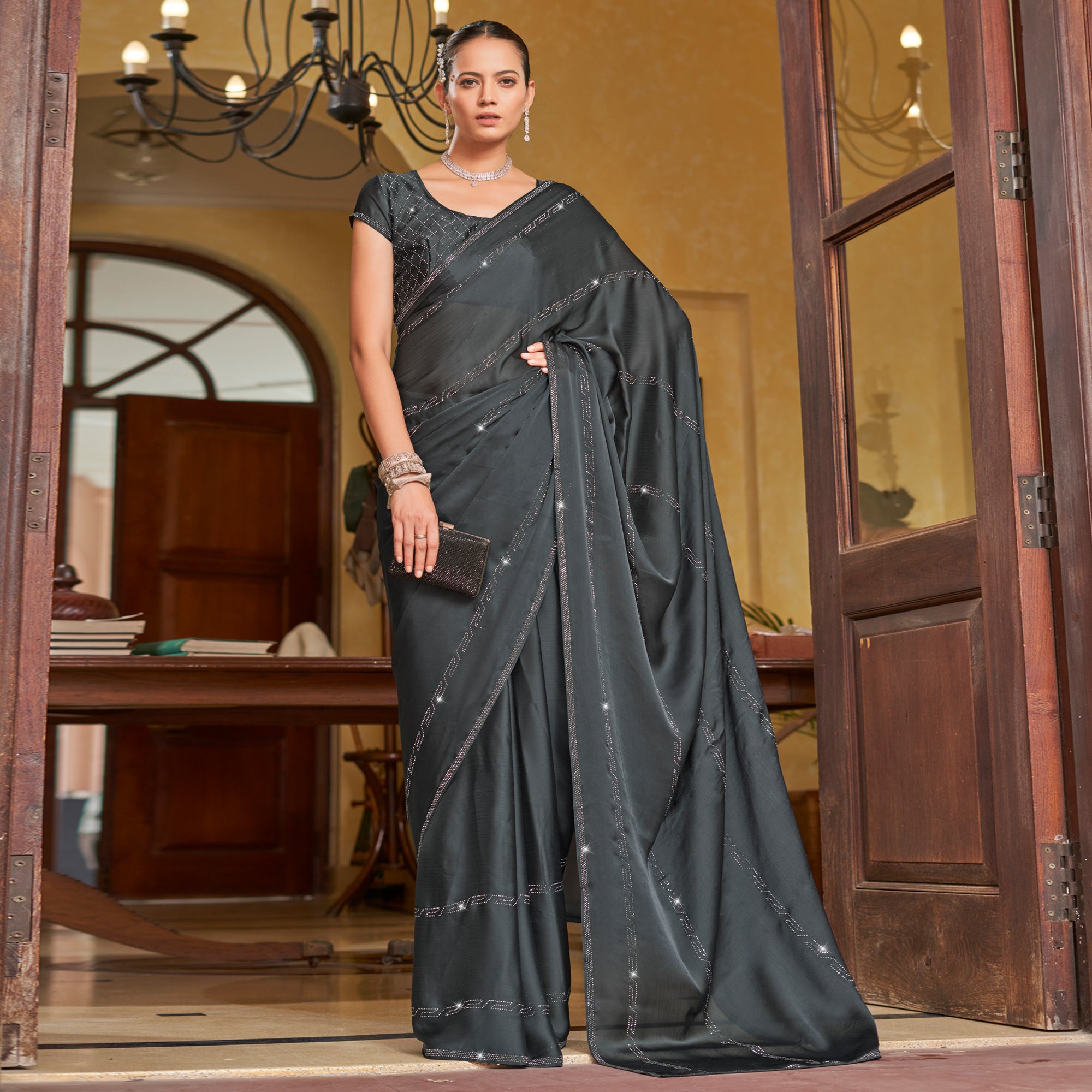 Grey Swarovski Work Georgette Saree