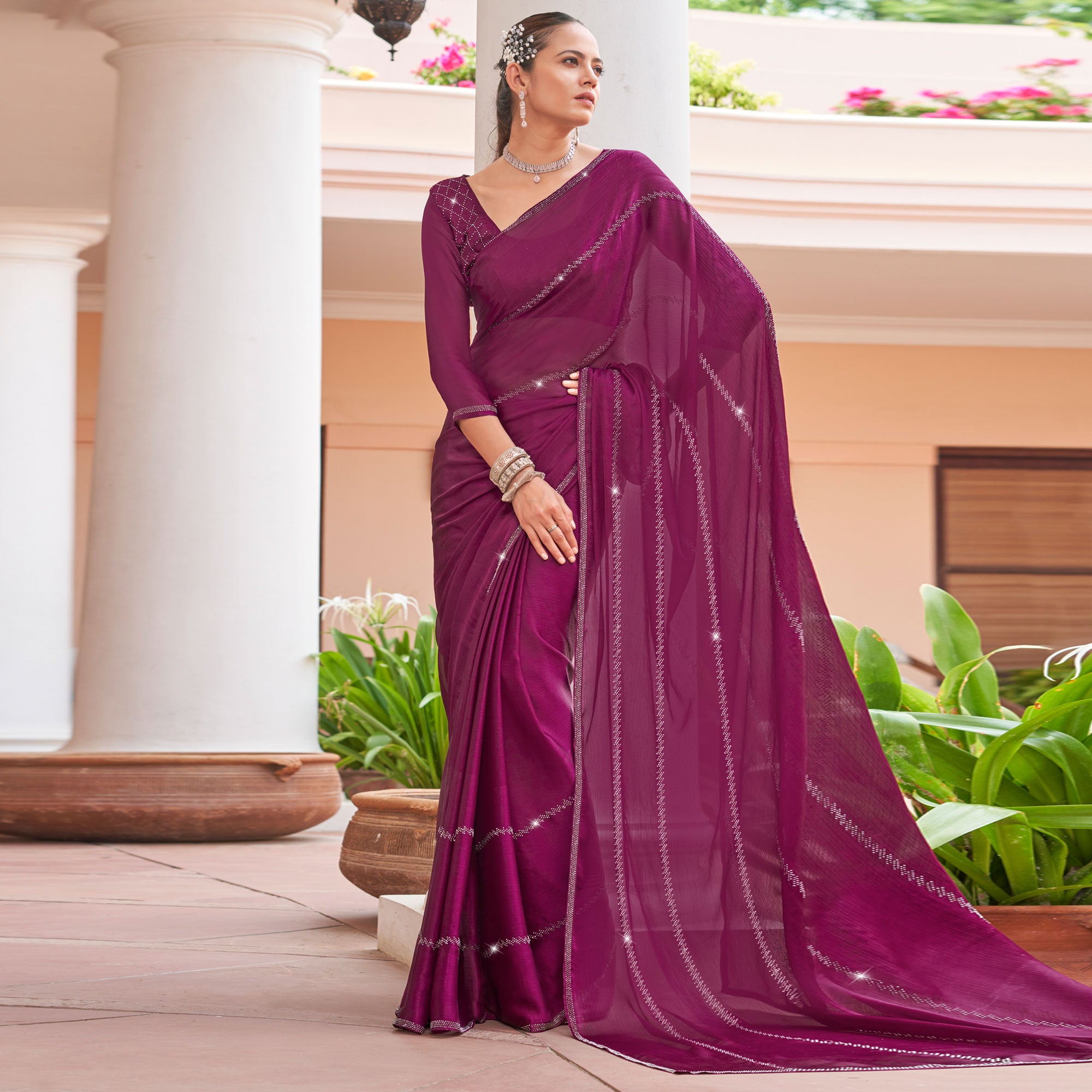 Purple Swarovski Work Georgette Saree