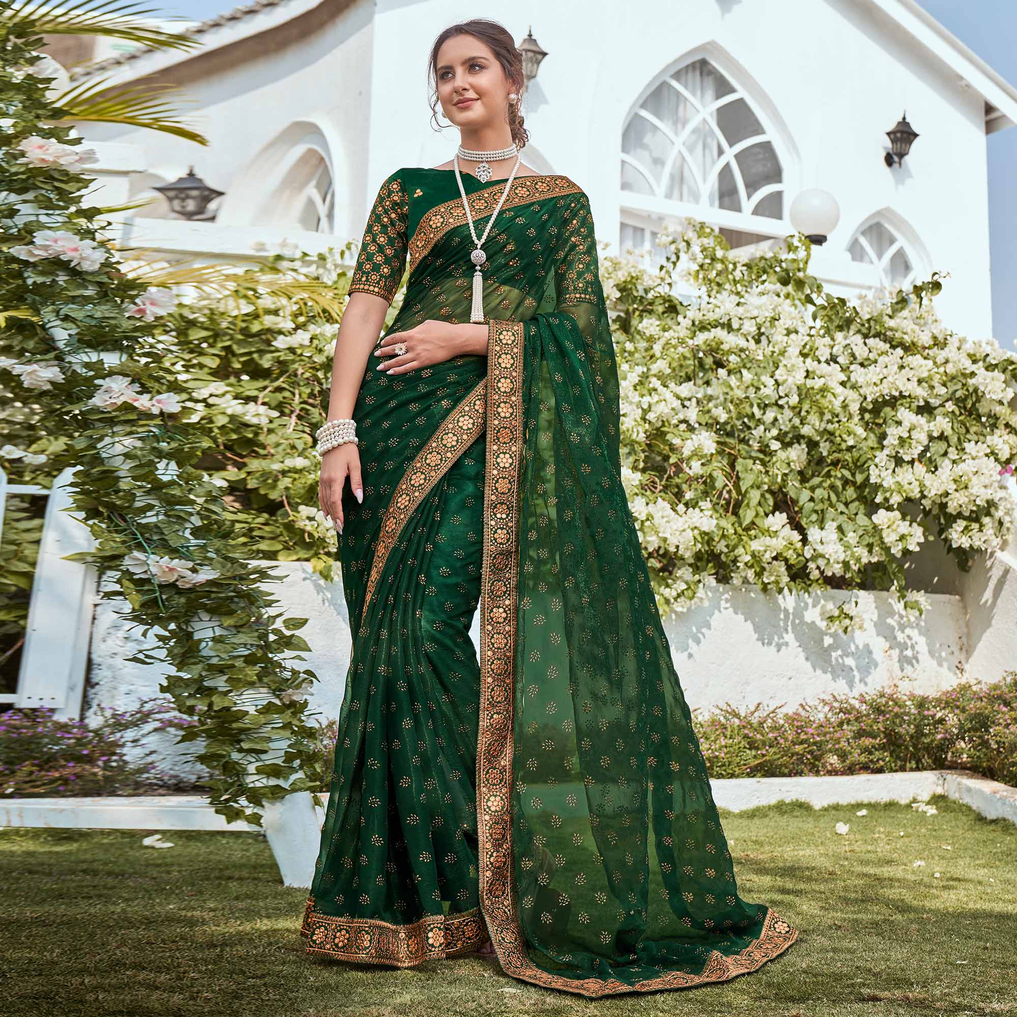 Green Foil Printed Georgette Saree With Embroidered Border
