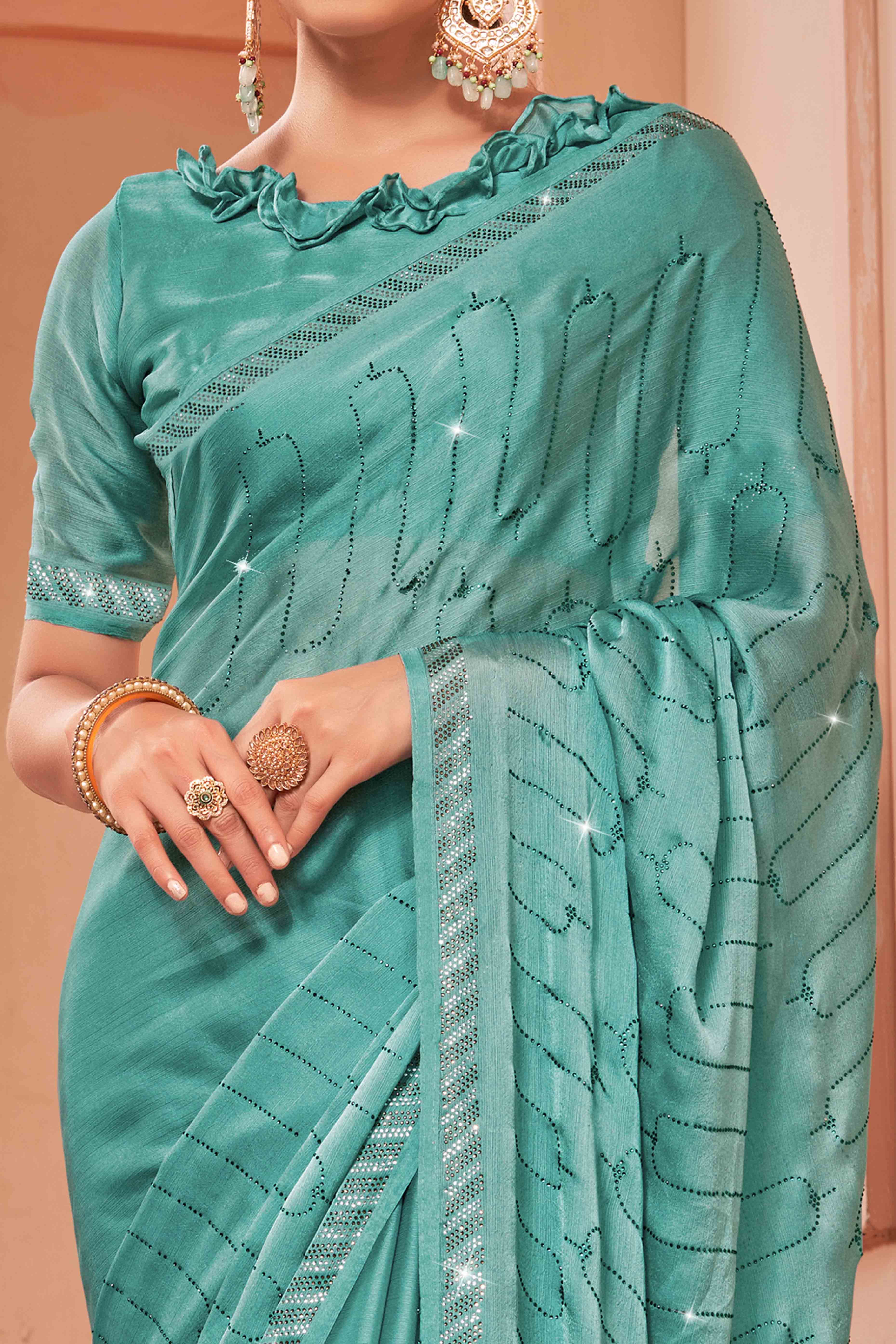 Turquoise Swarovski Work Embroidered Satin Saree