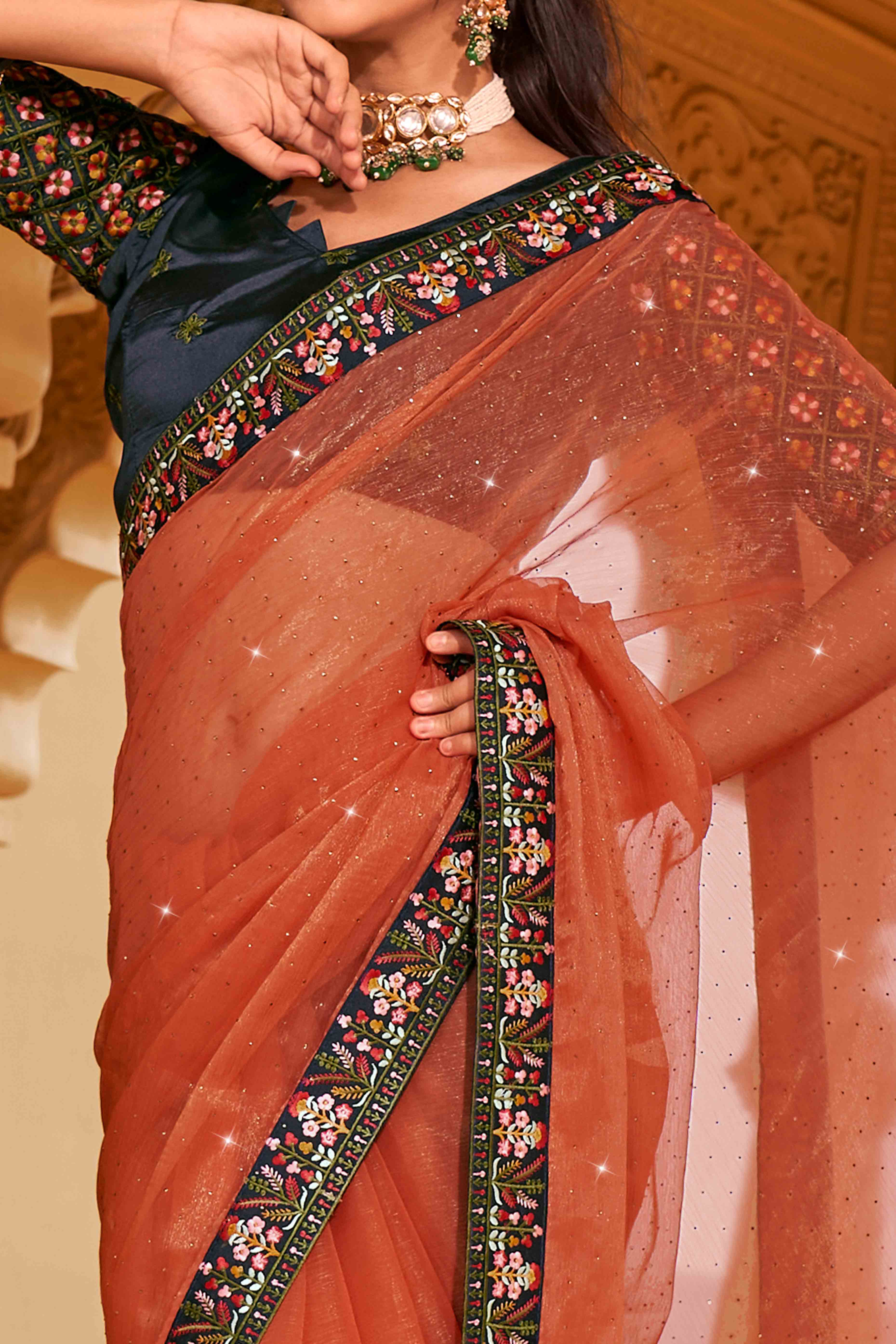 Orange Swarovski Work Embroidered Shimmer Saree