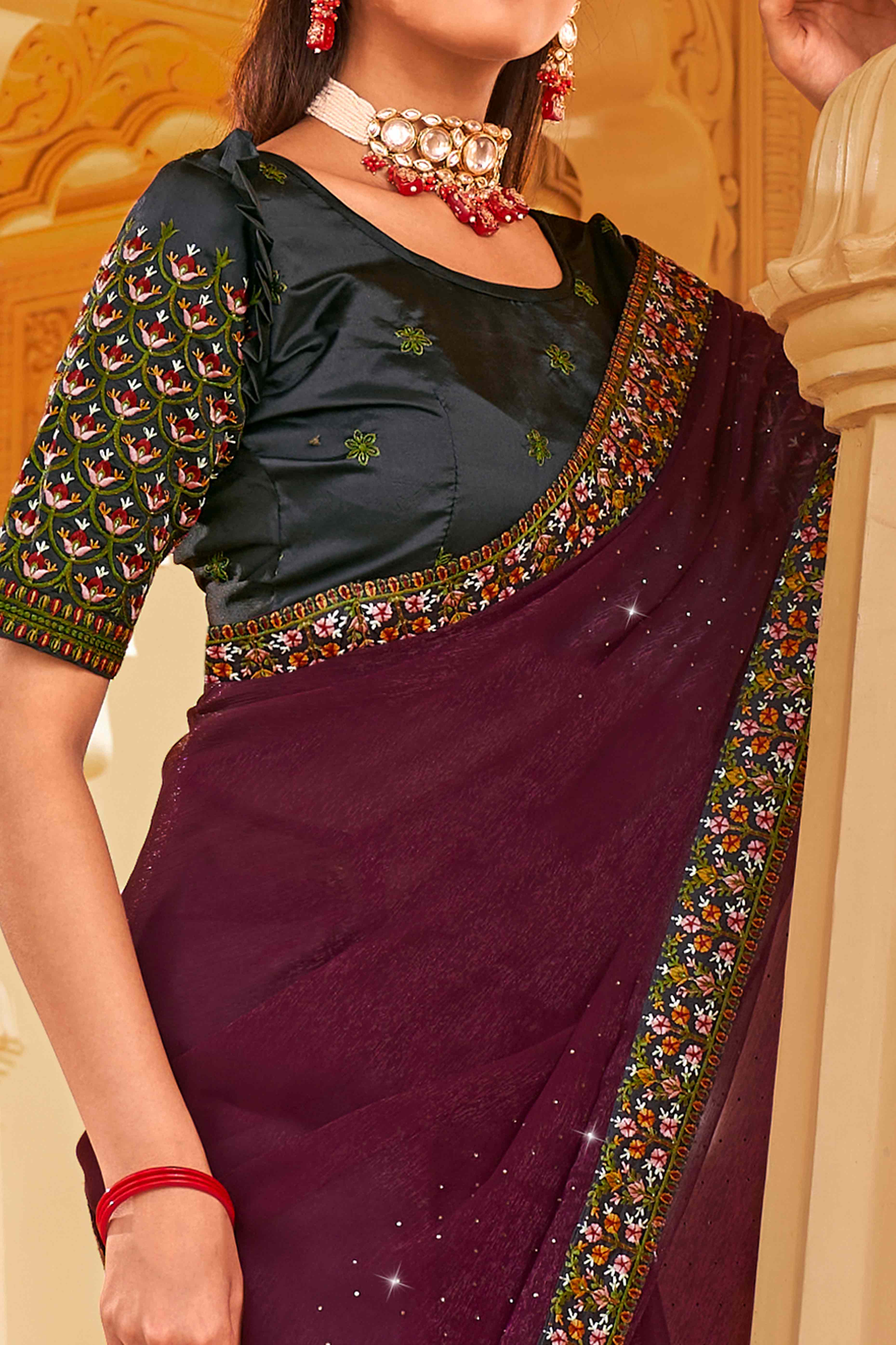 Wine Swarovski Work Embroidered Shimmer Saree