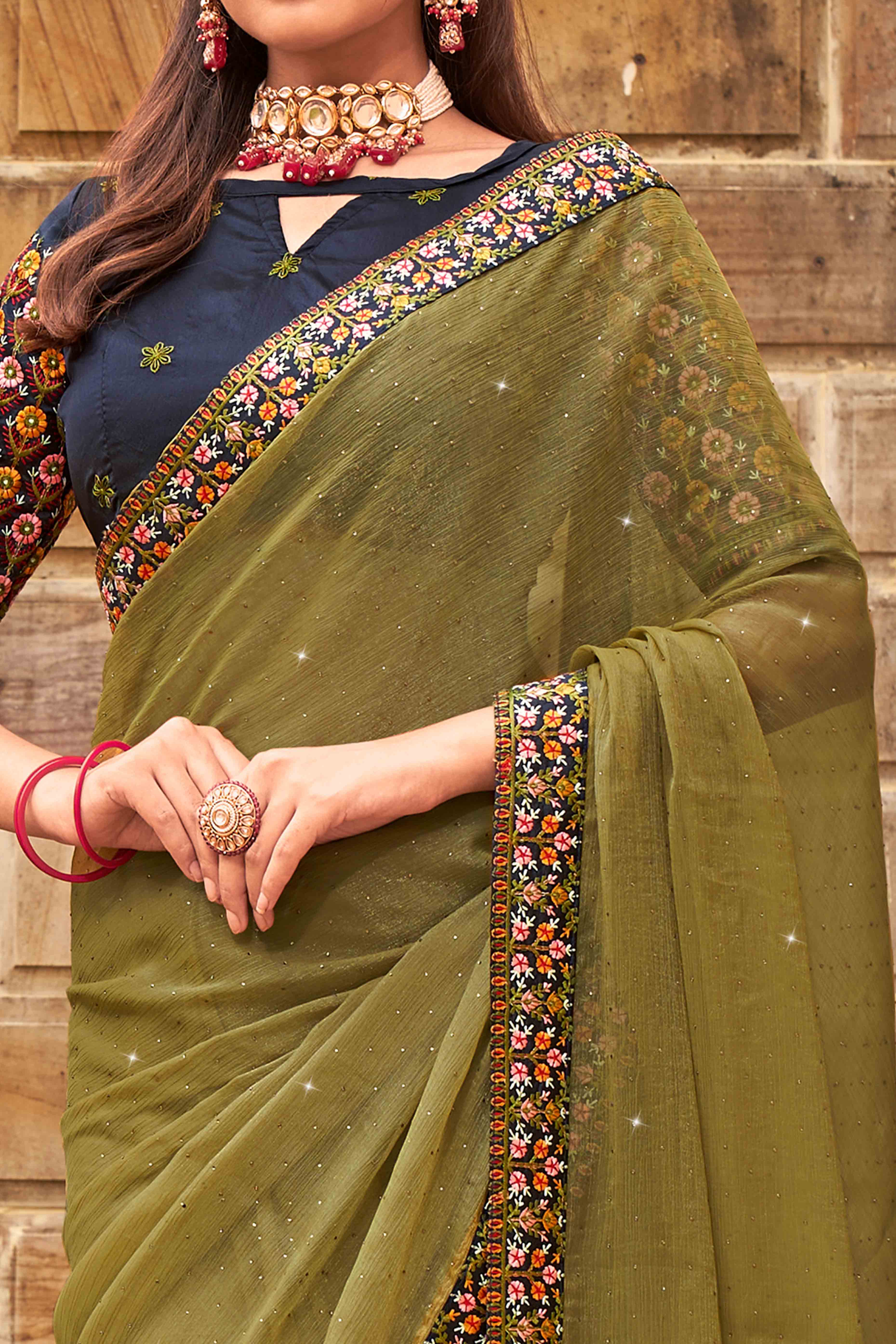Green Swarovski Work Embroidered Shimmer Saree
