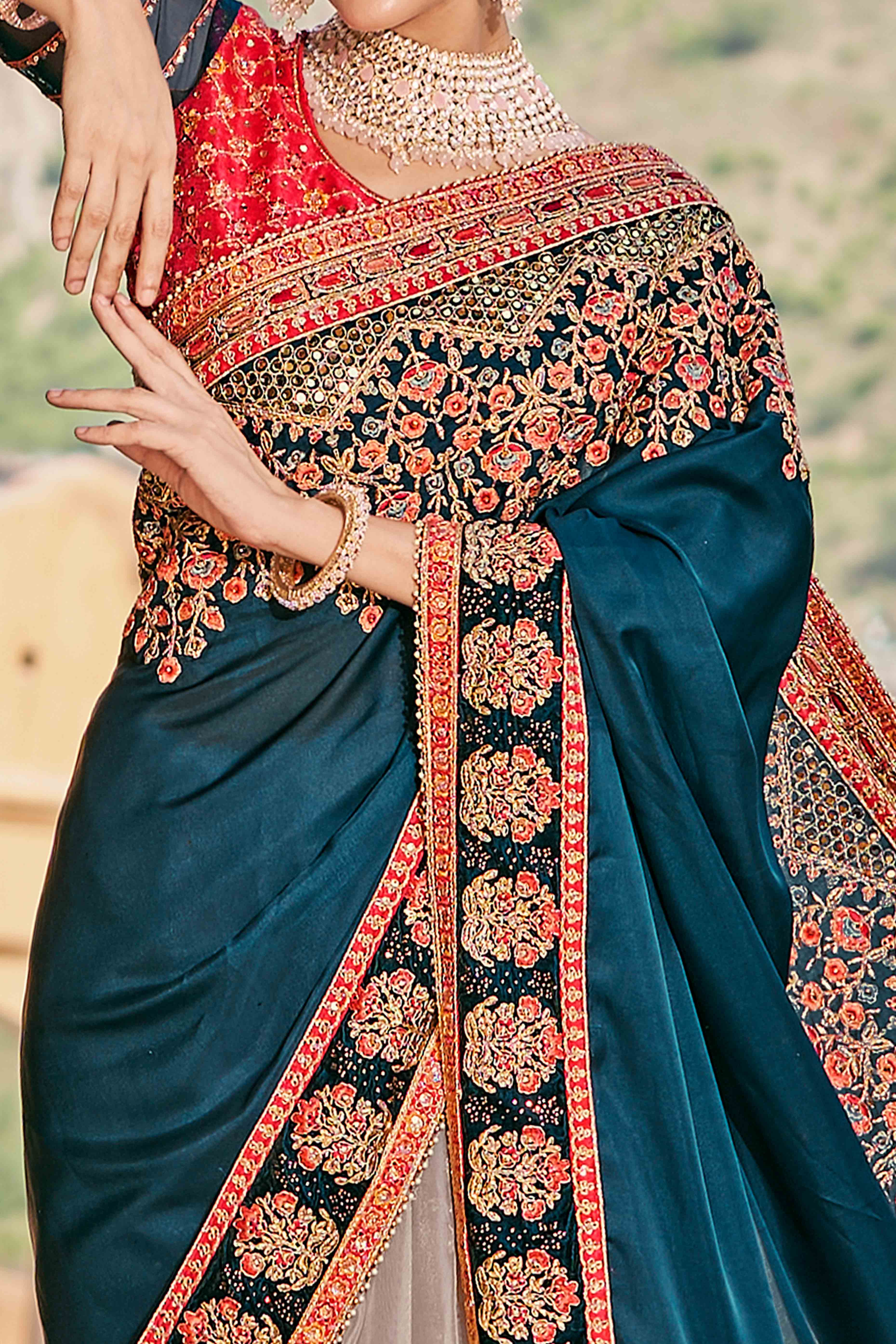 Teal And Off White Sequins With Floral Embroidered Organza Saree