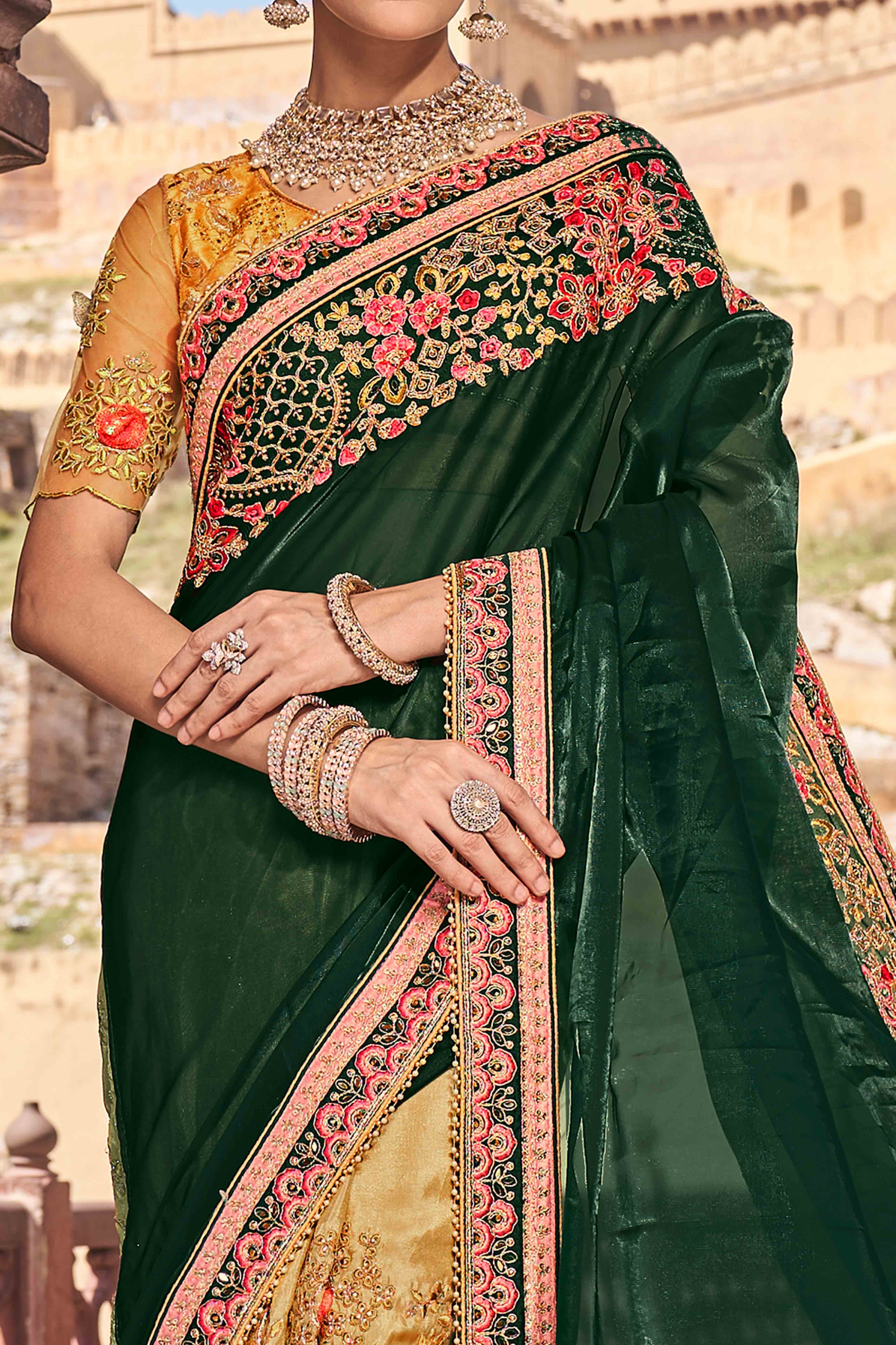 Green And Yellow Sequins With Floral Embroidered Organza Saree