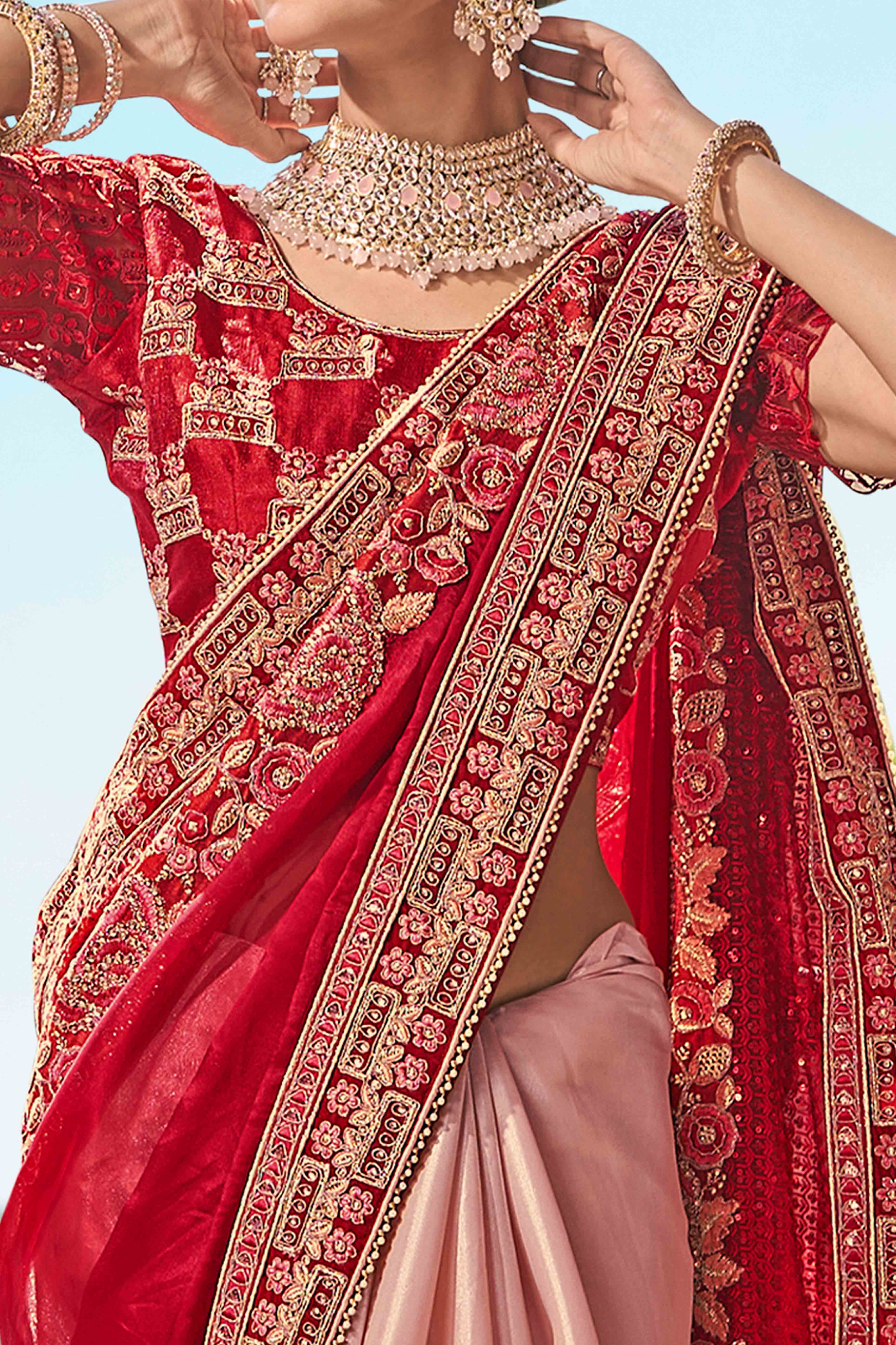 Red And Pink Sequins With Floral Embroidered Organza Saree