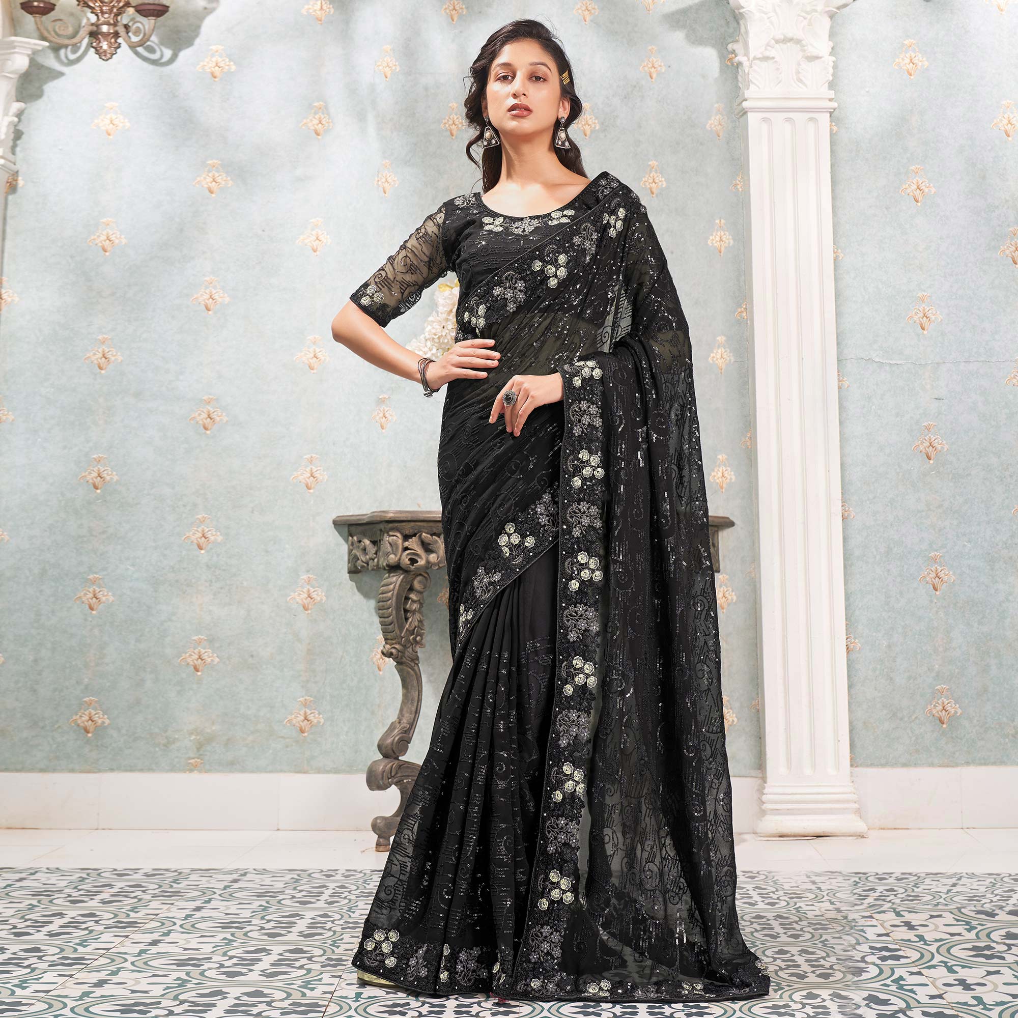 Black Sequins Embroidered Georgette Saree