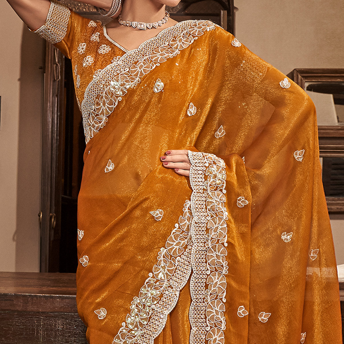 Mustard Sequins With Embroidered Chiffon Saree