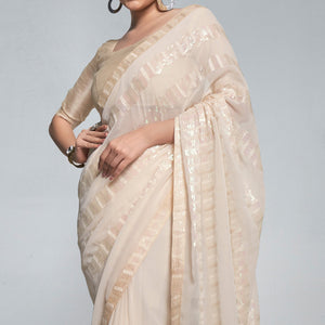 Beige Sequins Embroidered Georgette Saree