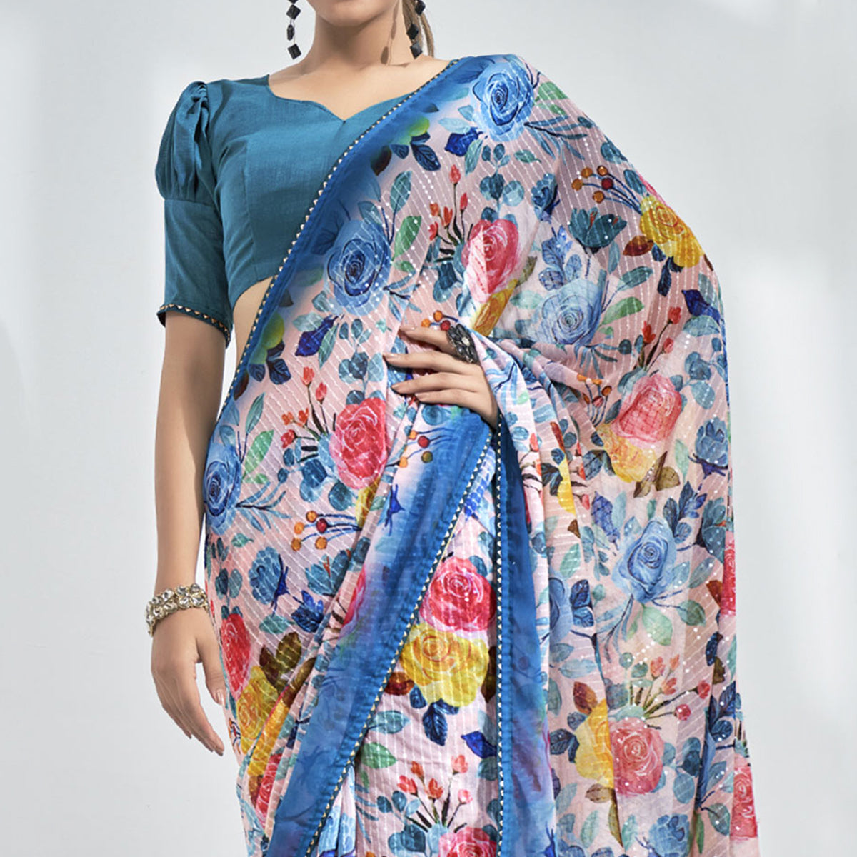 Pink & Blue Floral Print Georgette Saree