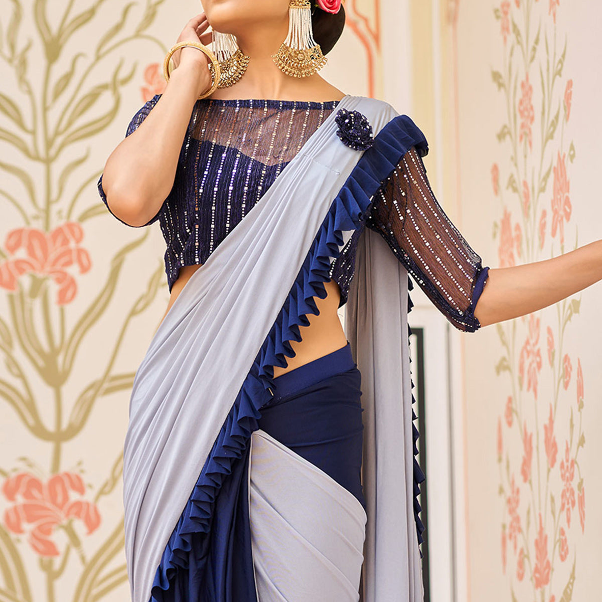 Blue And Grey Half Half Lycra Ready To Wear Saree