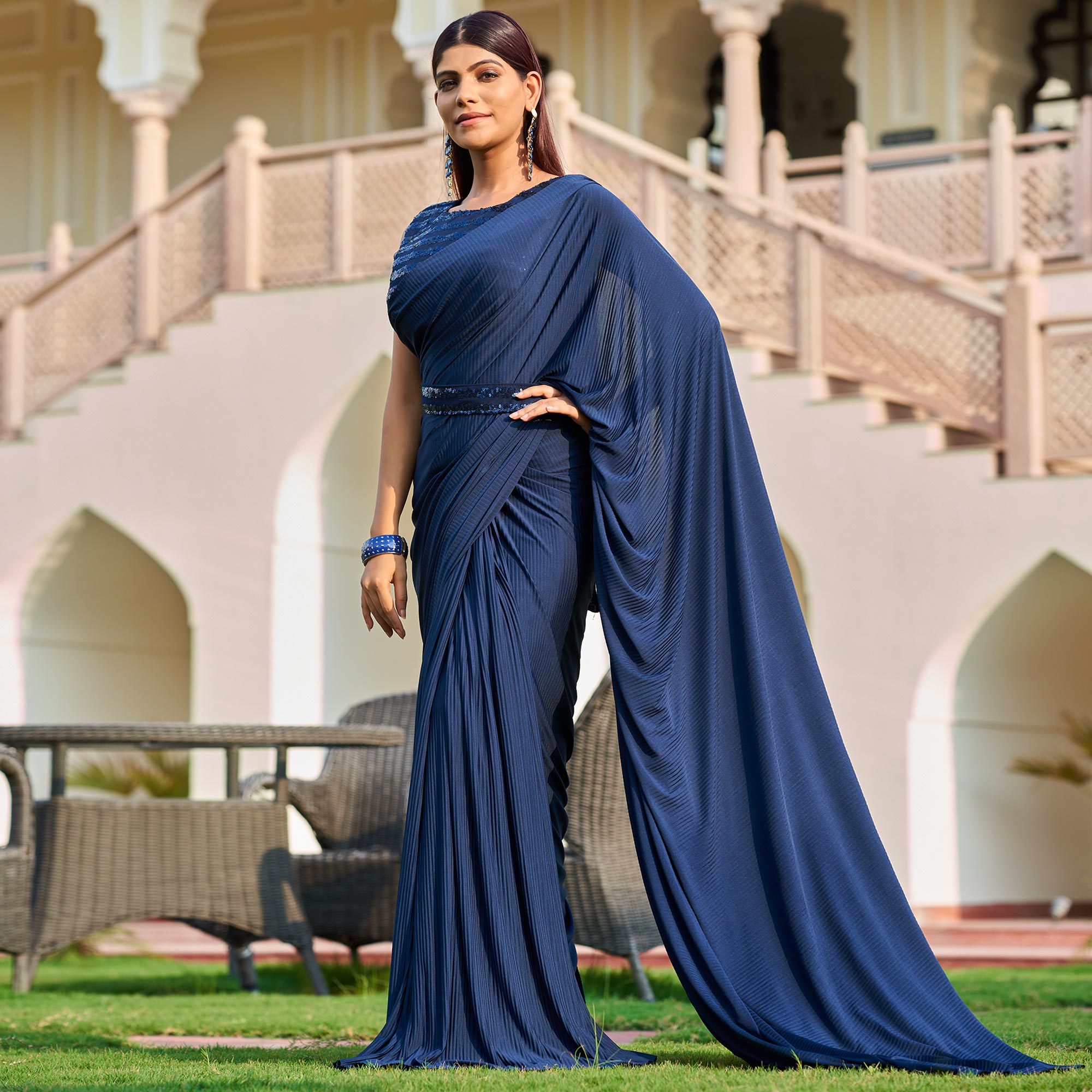Navy Blue Lycra Crush Design Ready To Wear Saree