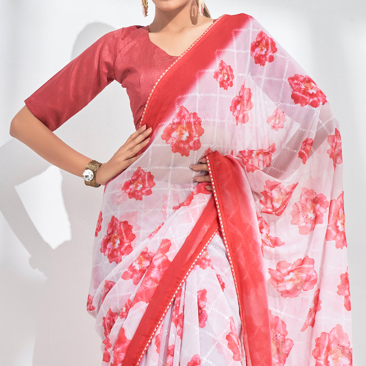 White And Pink Sequins Embroidered Georgette Saree