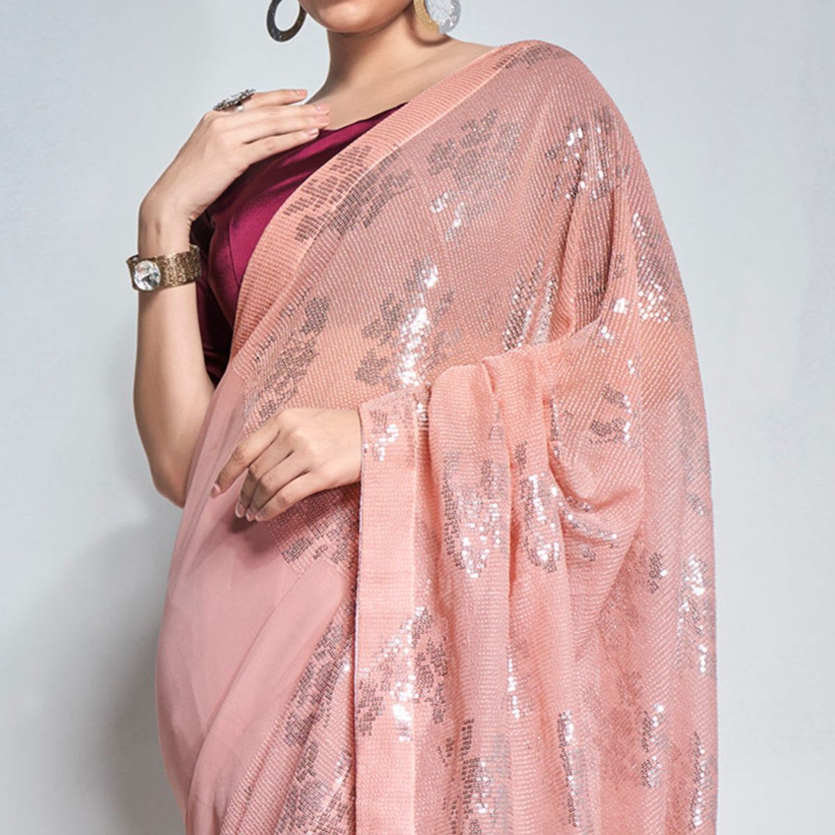 Peach Sequins Embroidered Georgette Saree