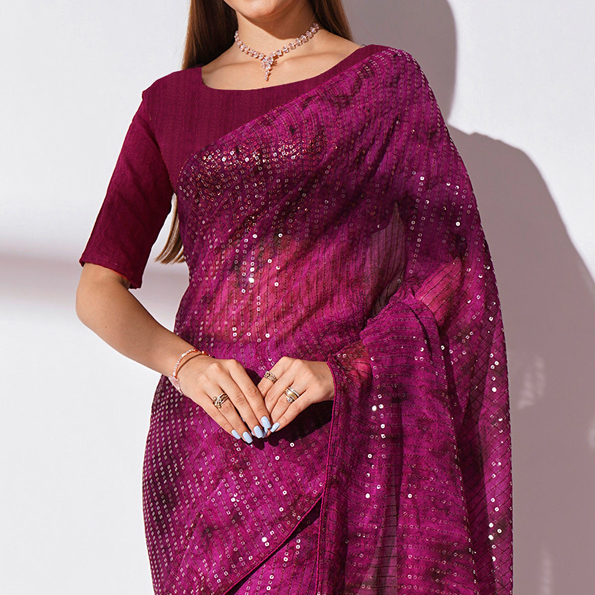 Wine Ombre Print Sequence Work Georgette Saree
