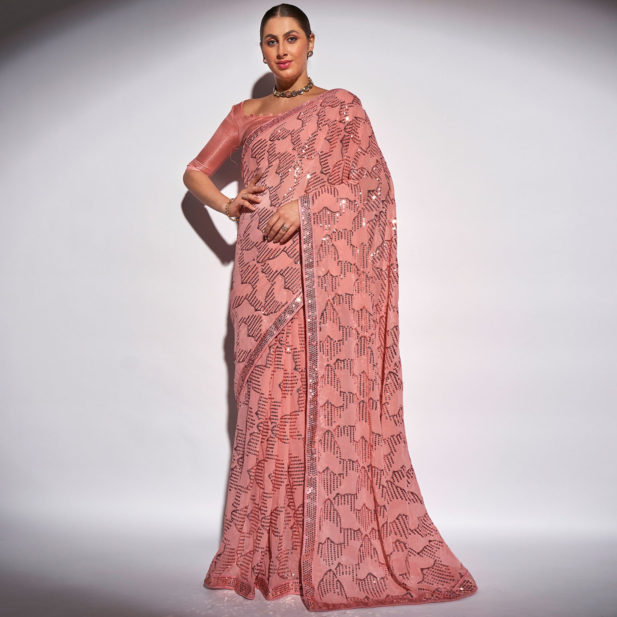 Peach Sequins Embroidered Georgette Saree