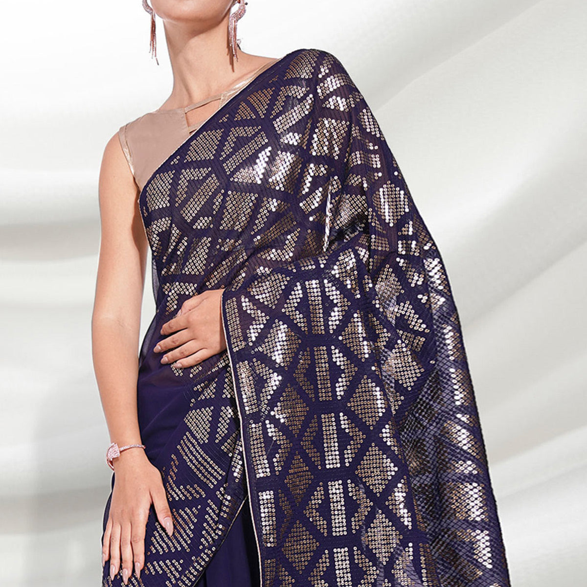 Navy Blue Sequins Embroidered Georgette Saree