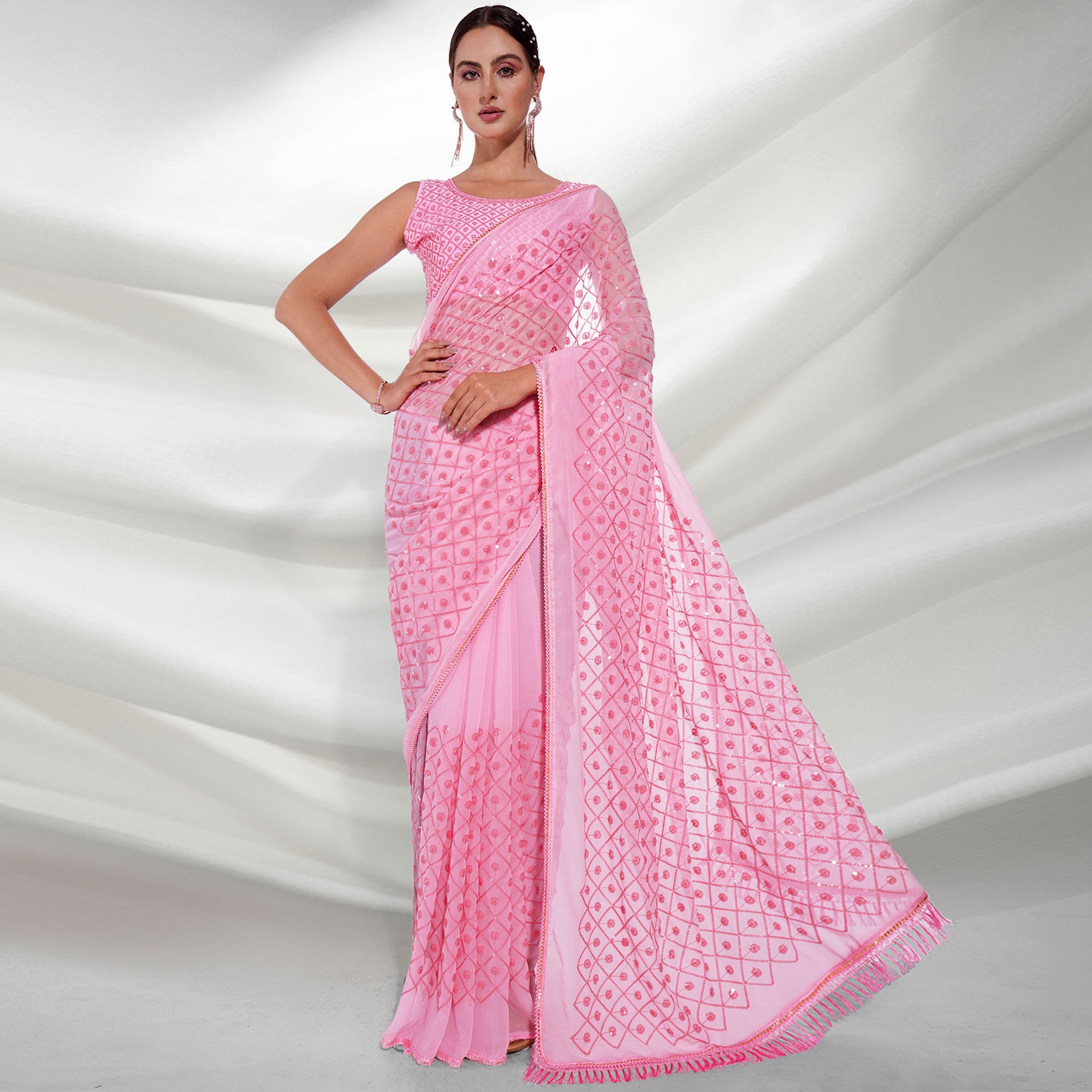 Pink Sequins Embroidered Georgette Saree