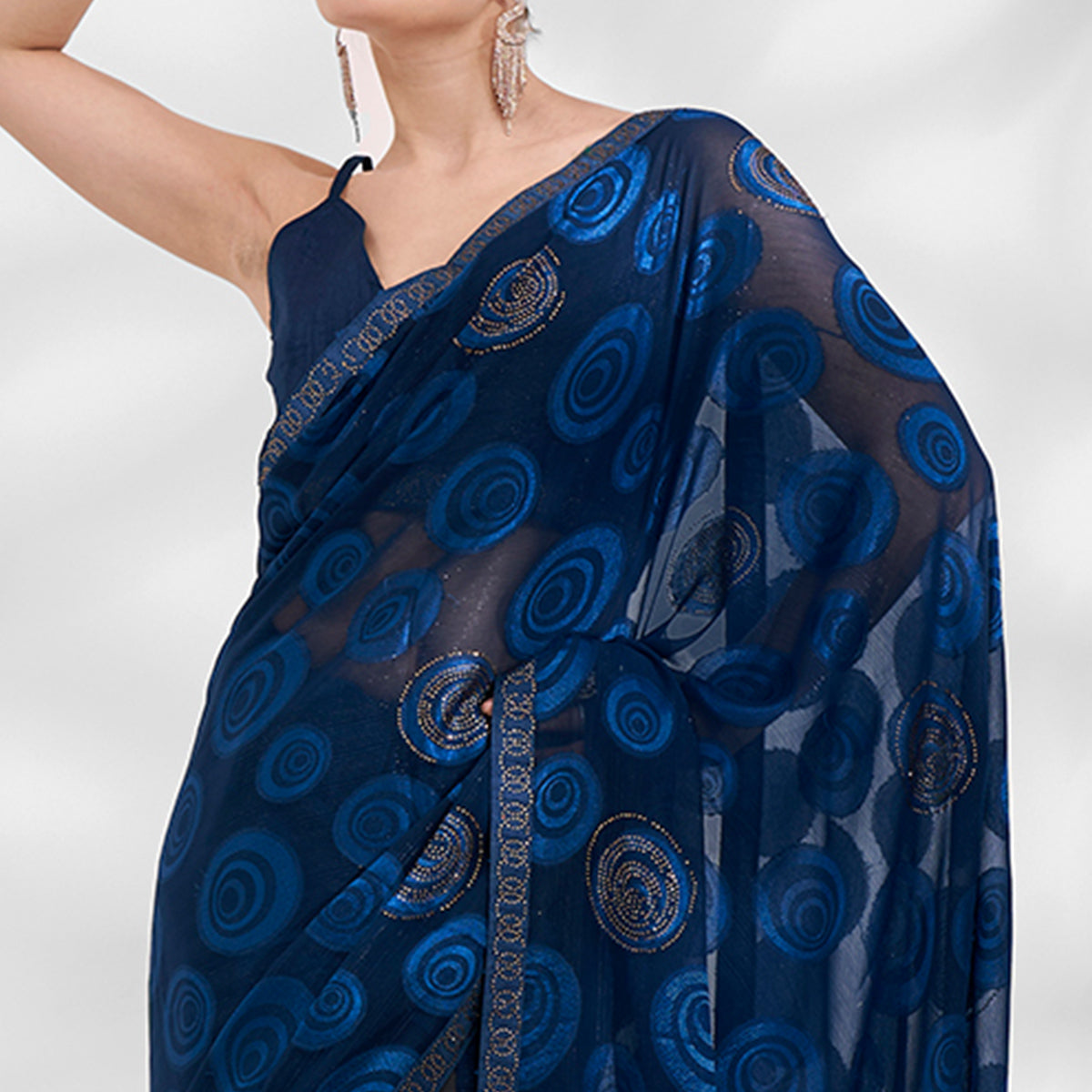 Blue Beads & Stones Embroidered Brasso Saree