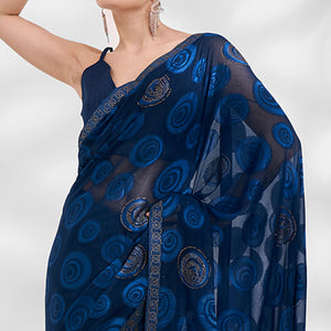 Blue Beads & Stones Embroidered Brasso Saree